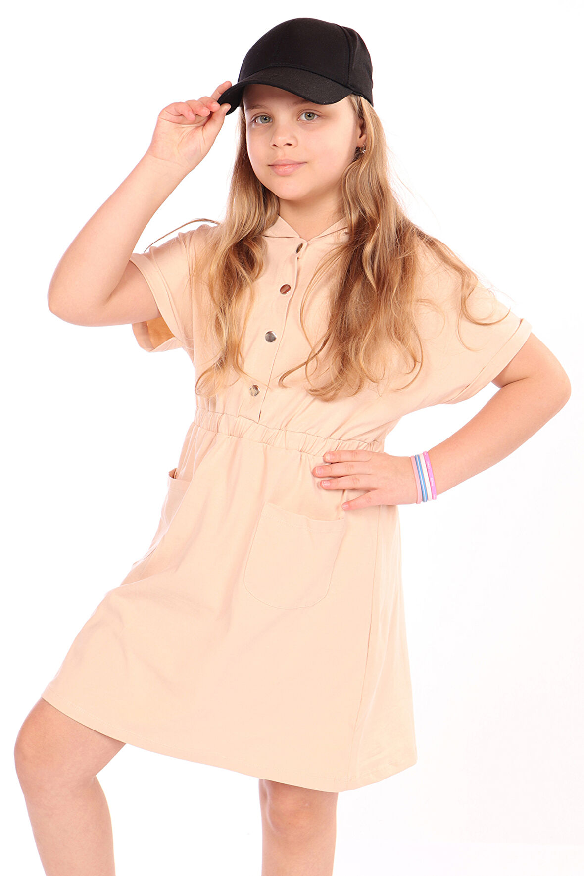 Toontoy Kız Çocuk Beli Lastikli Önü Çıtçıtlı Kapüşonlu Elbise