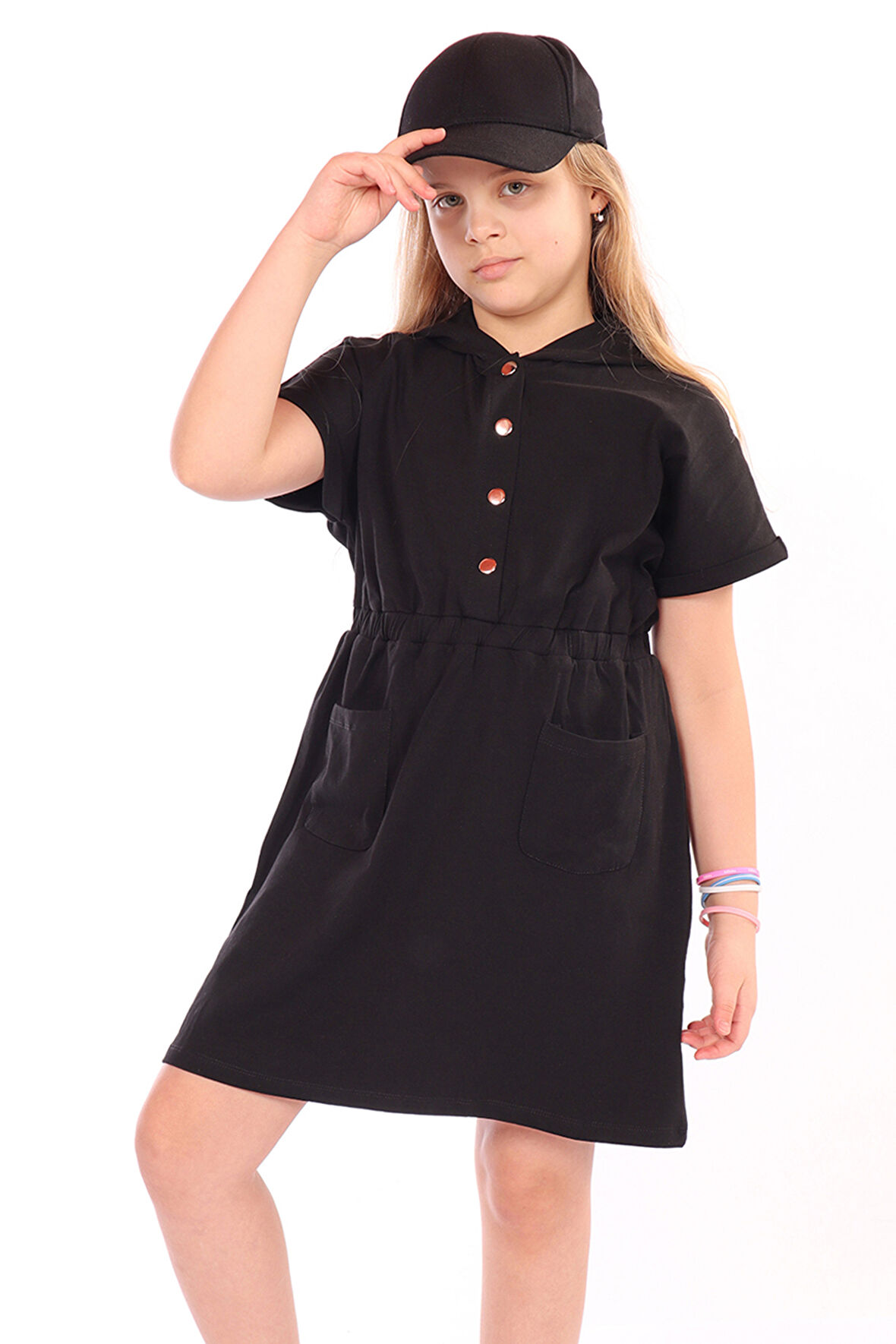 Toontoy Kız Çocuk Beli Lastikli Önü Çıtçıtlı Kapüşonlu Elbise