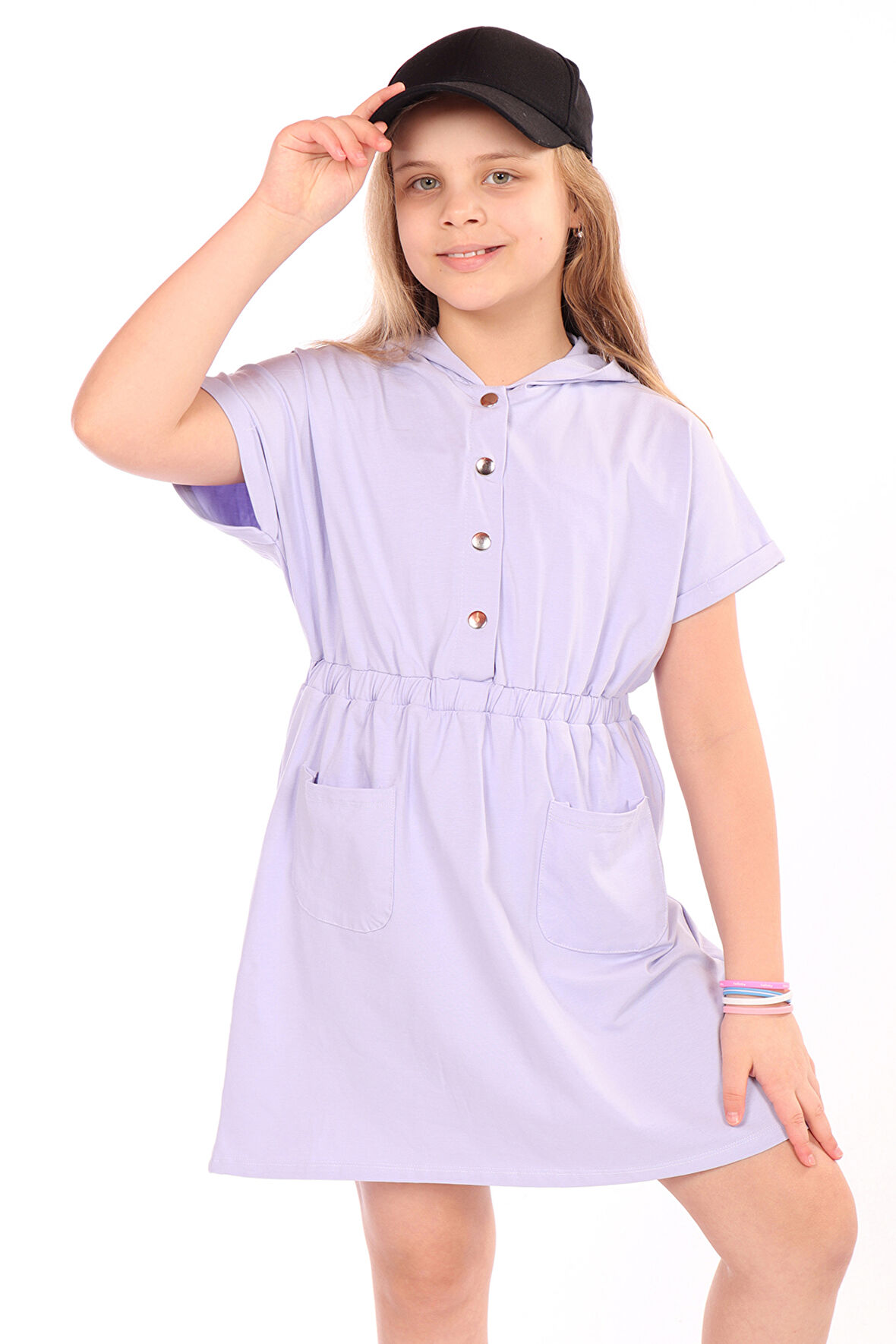 Toontoy Kız Çocuk Beli Lastikli Önü Çıtçıtlı Kapüşonlu Elbise