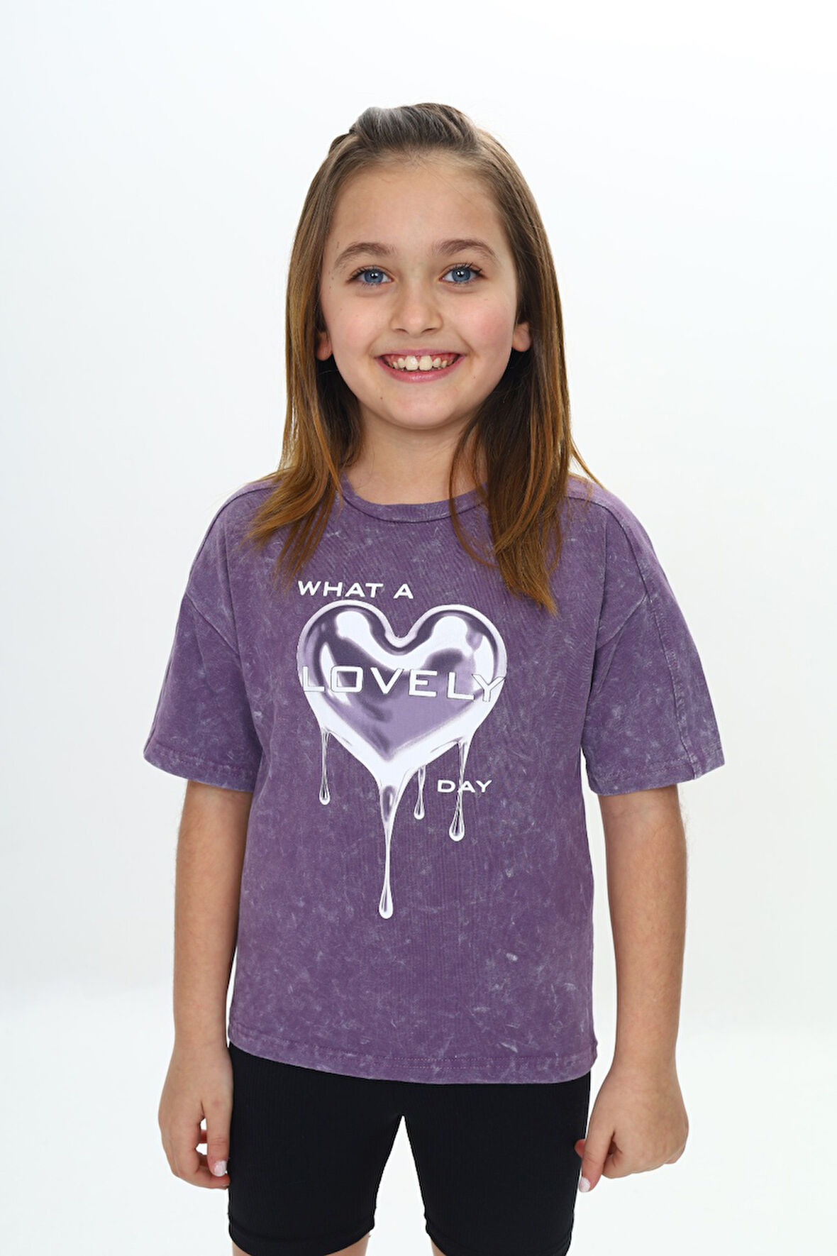 Toontoy Kız Çocuk Yıkamalı Kalp Baskılı Tişört