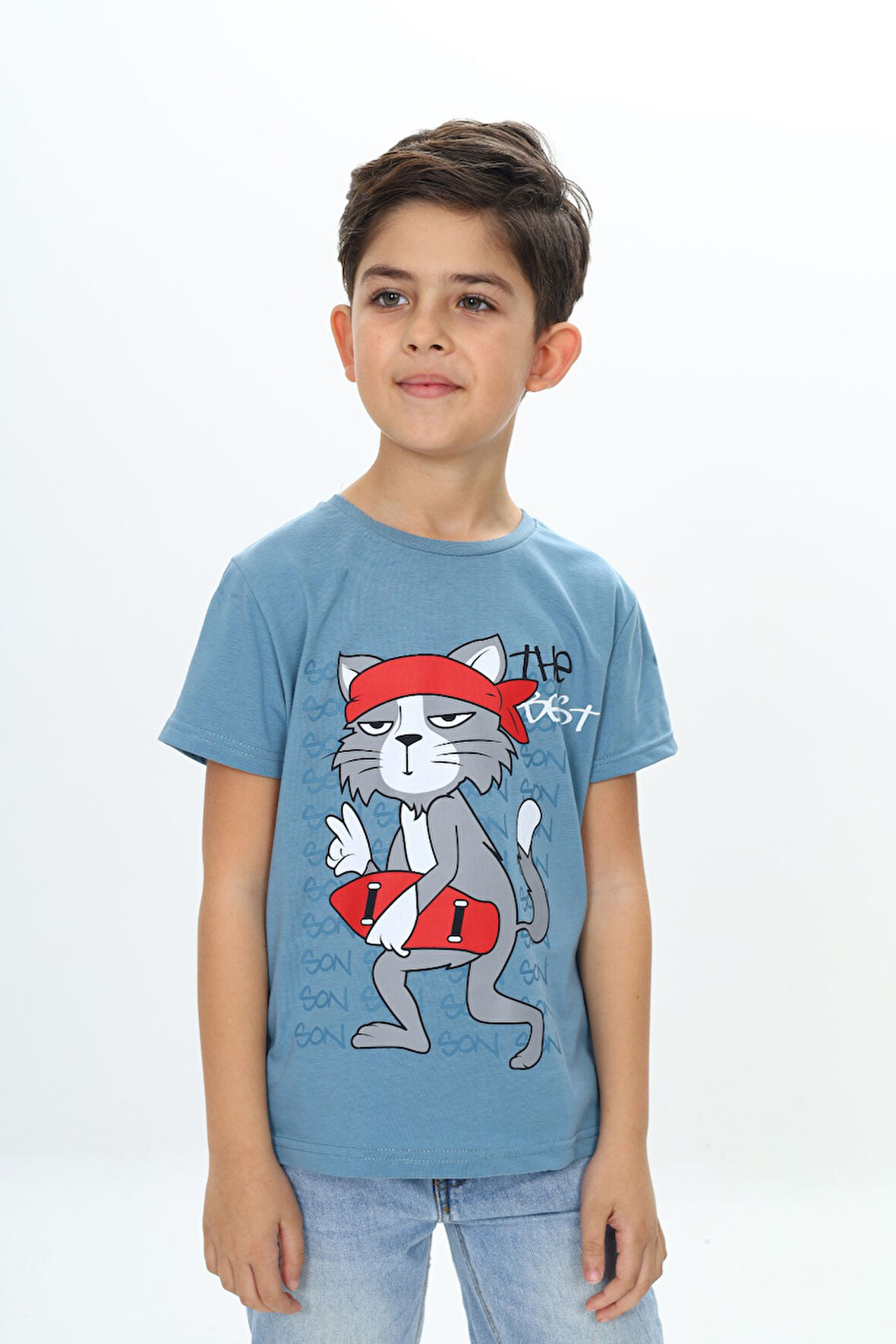 Toontoy Erkek Çocuk Kaykay Kedi Baskılı Tişört