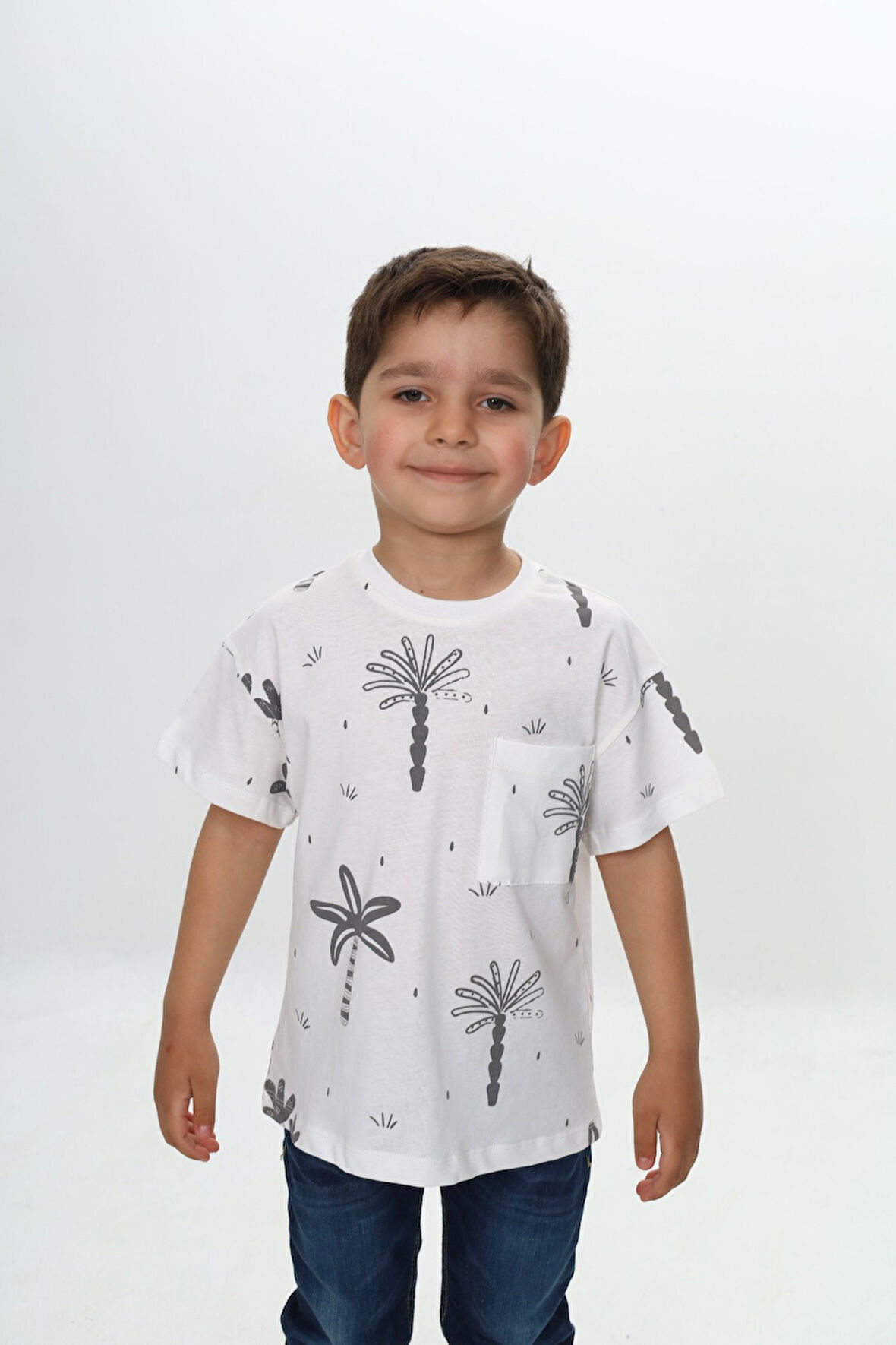 Toontoy Erkek Çocuk Göğsü Cepli Palmiye Baskılı Tişört
