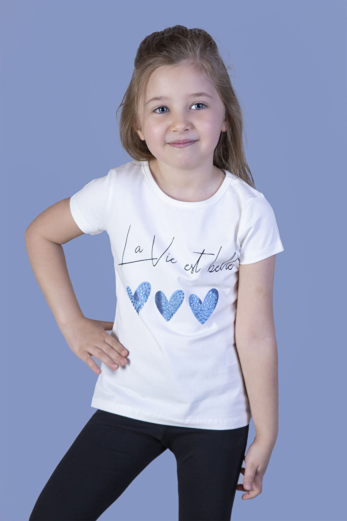 Toontoy Kız Çocuk Kalp Desenli Yazı Baskılı Taş İşlemeli Tişört