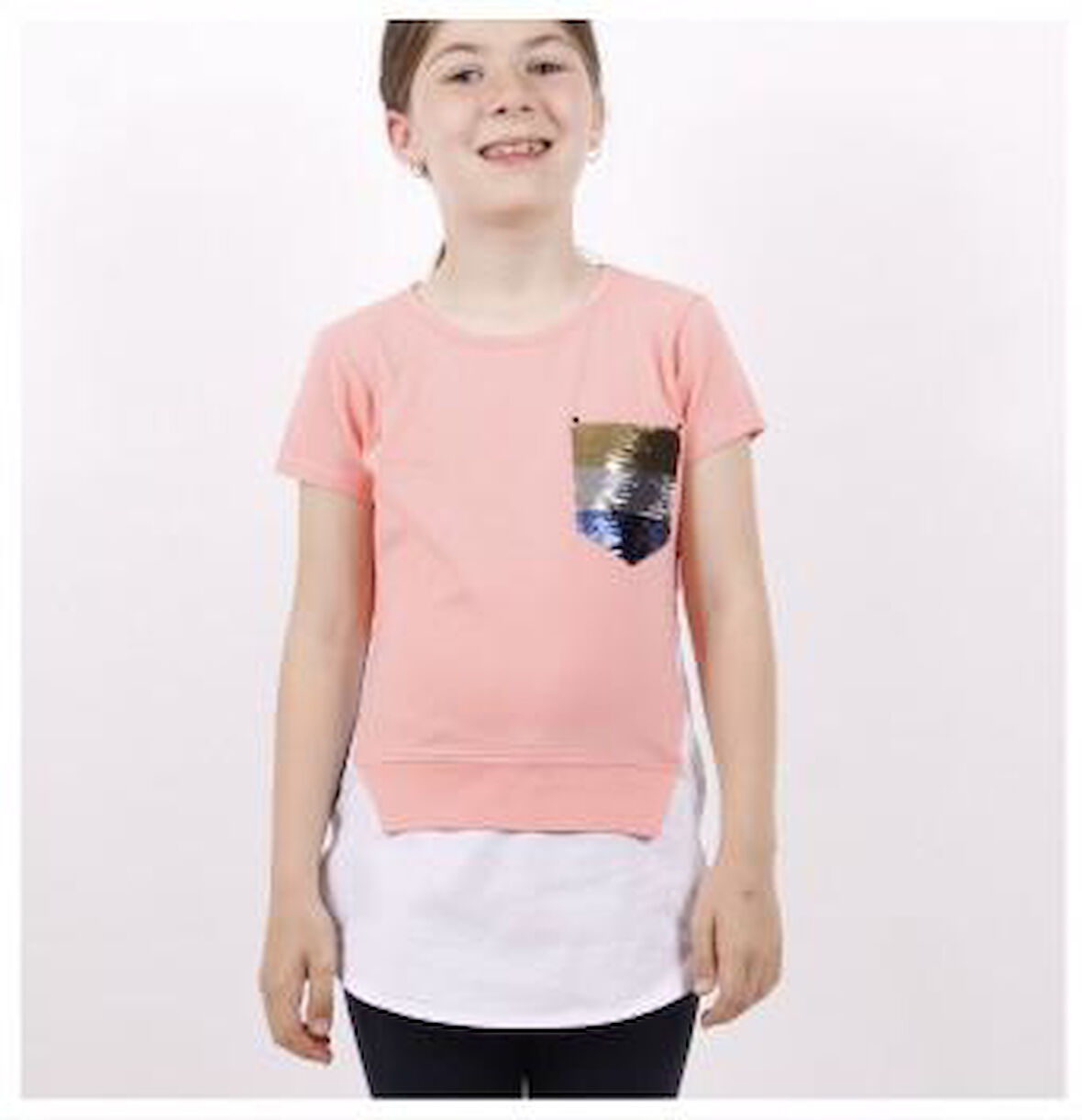 Toontoy Kız Çocuk Göğsü Cepli Pul Nakışlı Tişört