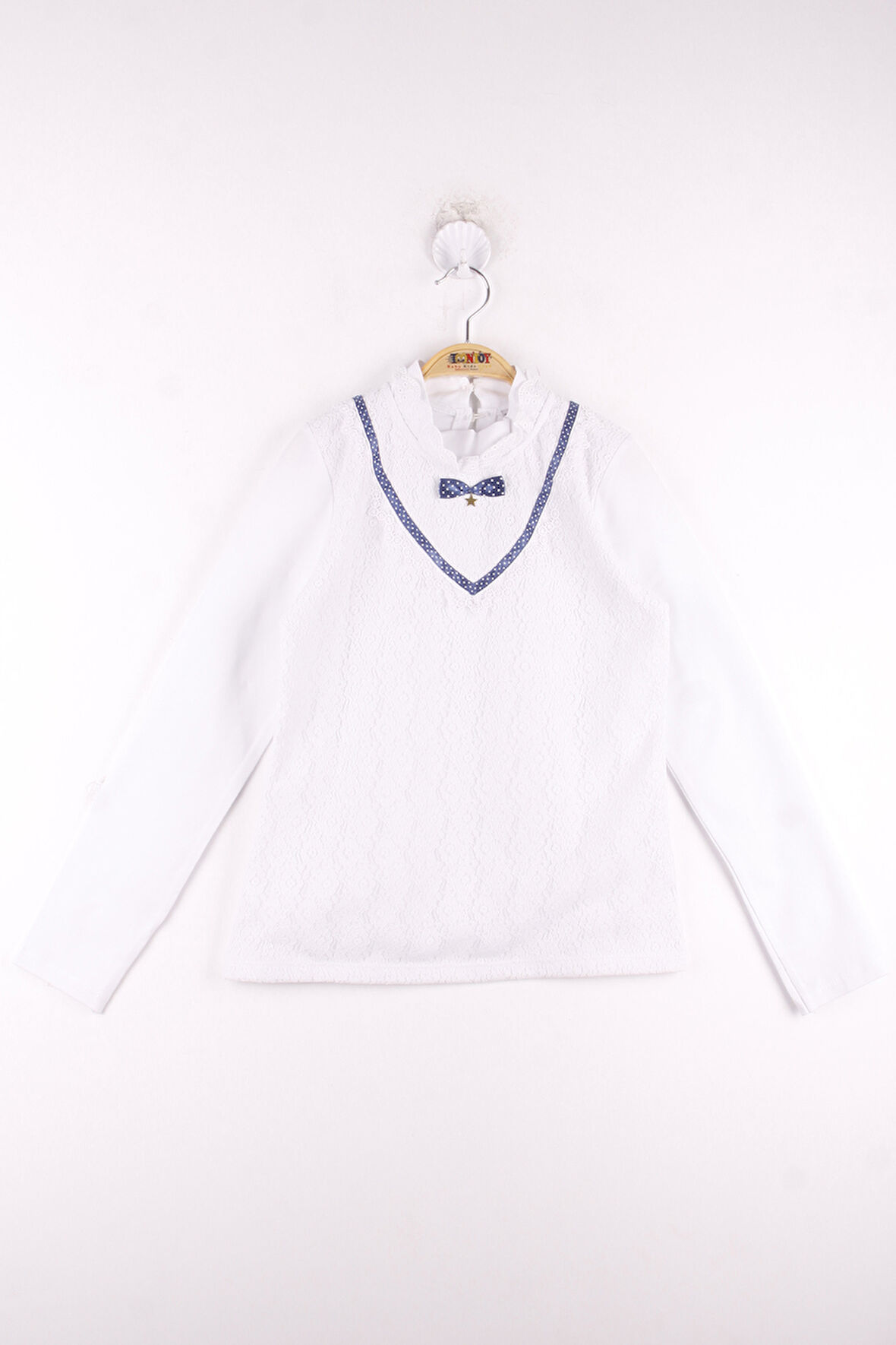 Toontoy Kız Çocuk Yakası Ve Önü Güpürlü Papyon Detaylı Tişört