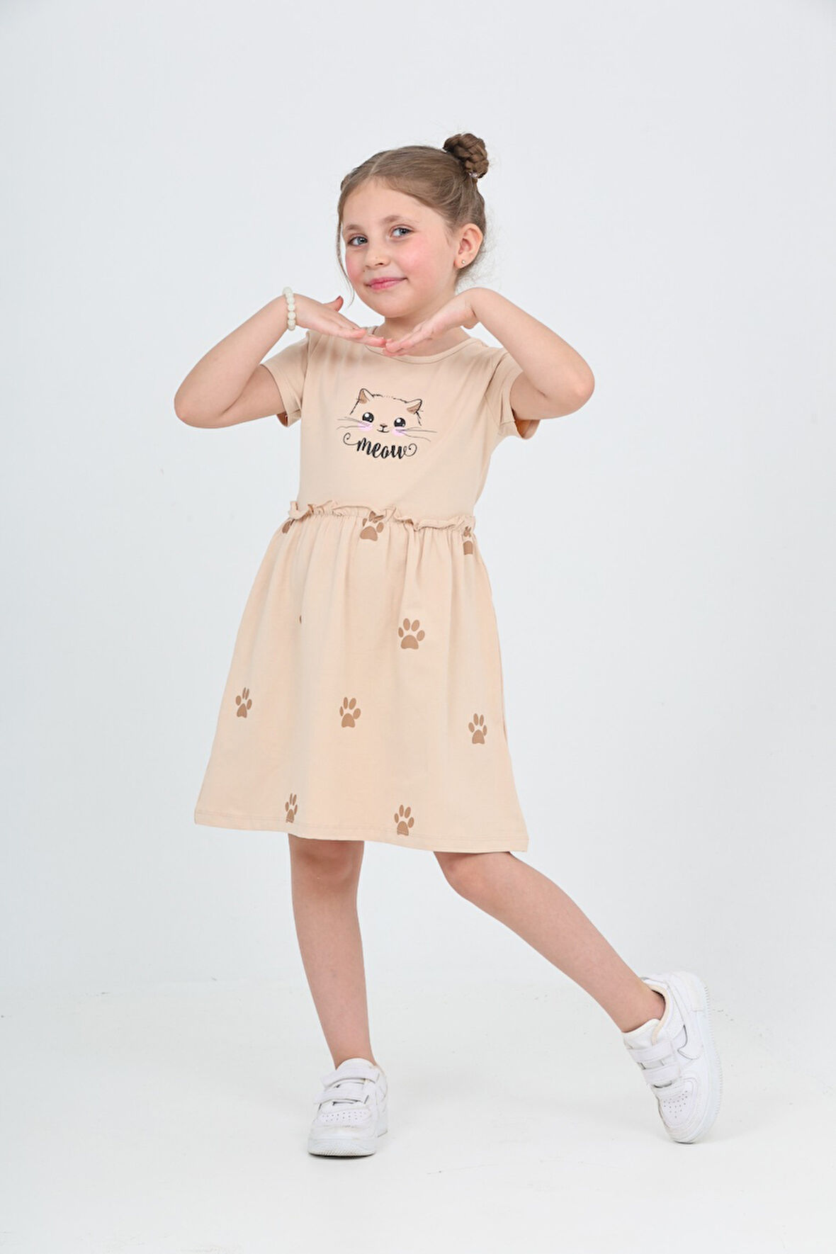 Toontoy Kız Çocuk Kedi Baskılı Elbise