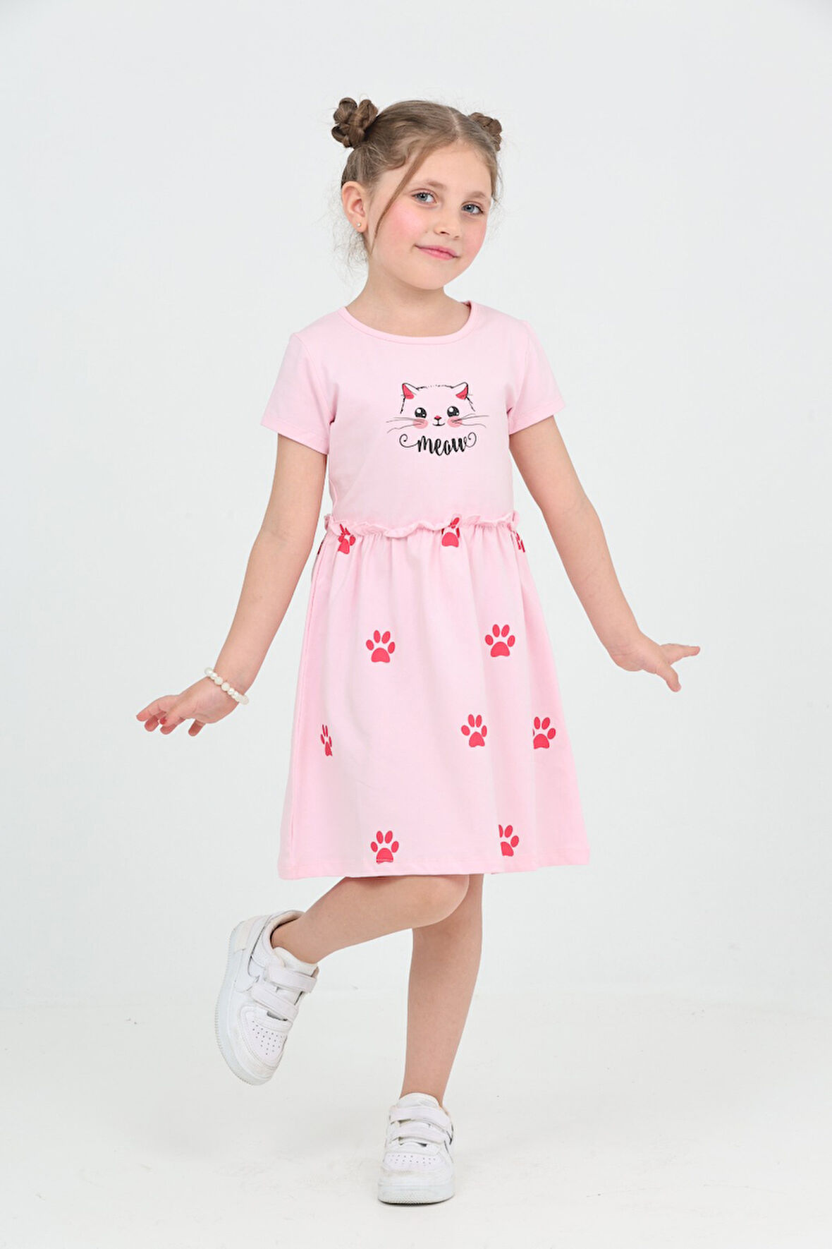 Toontoy Kız Çocuk Kedi Baskılı Elbise