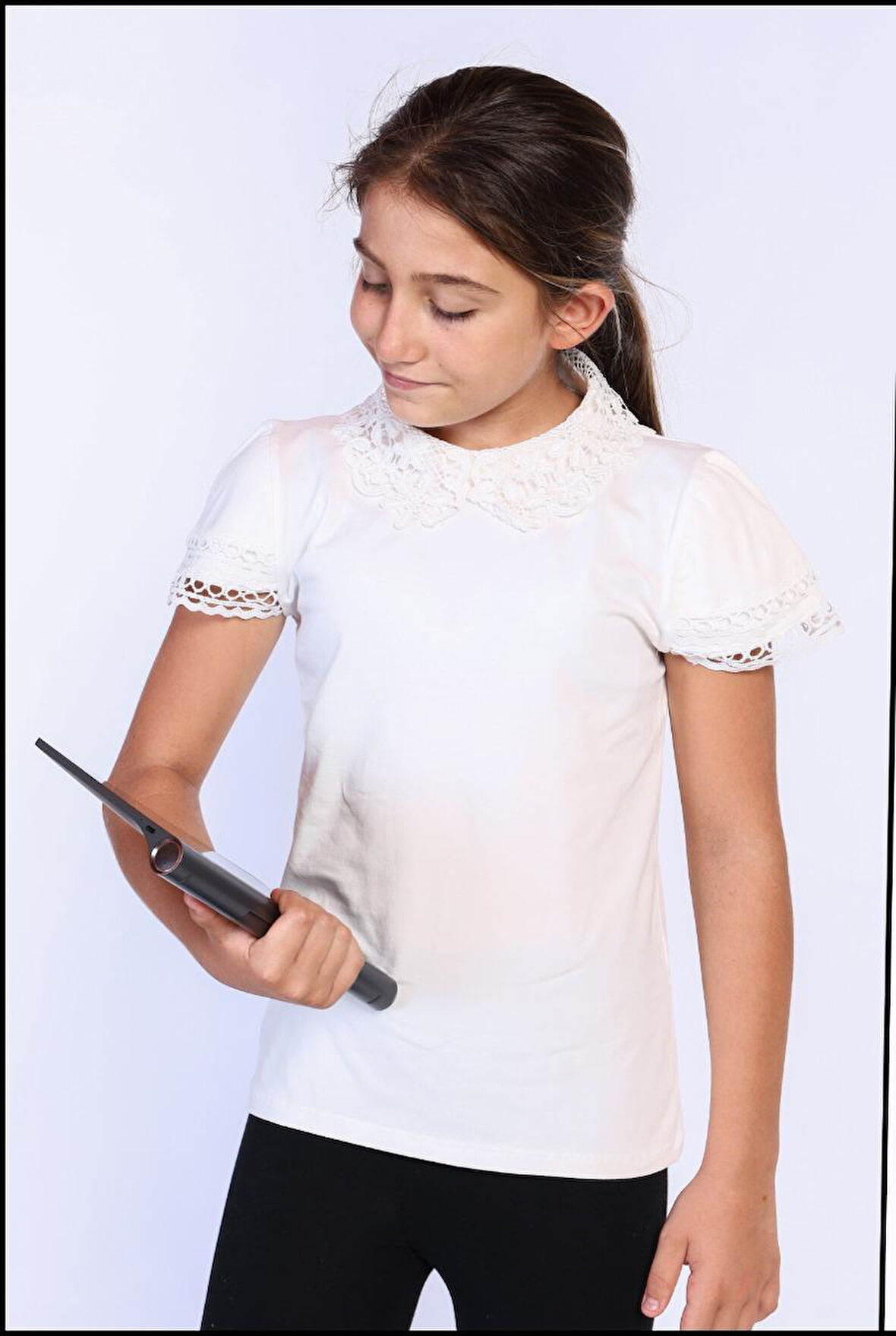 Toontoy Kız Çocuk Önü Dantelli Okul Tişört