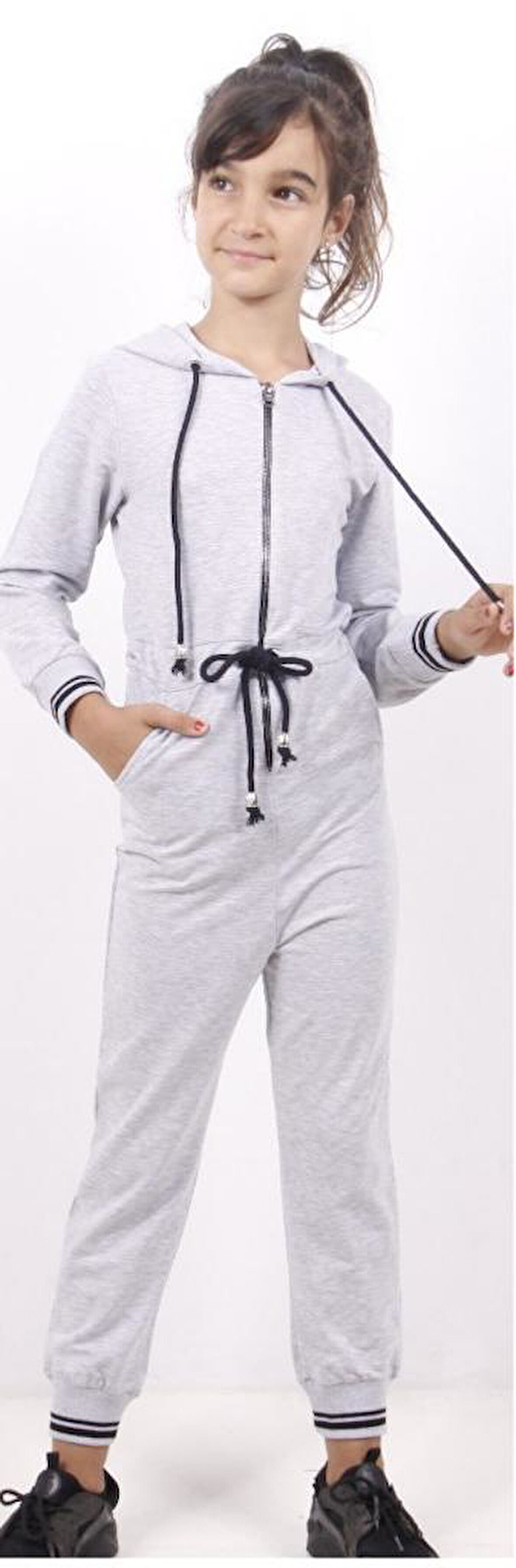 Toontoy Kız Çocuk  Beli Bağçıklı Kapşonlu Tulum