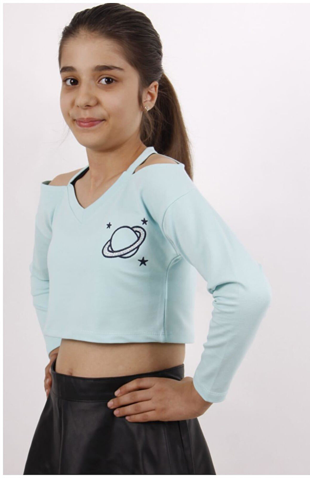 Toontoy Kız Çocuk Gezegen Baskılı Crop Tişört