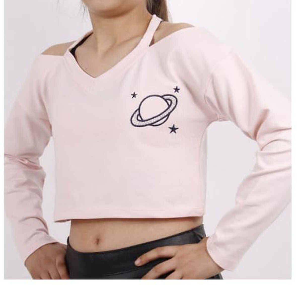 Toontoy Kız Çocuk Gezegen Baskılı Crop Tişört