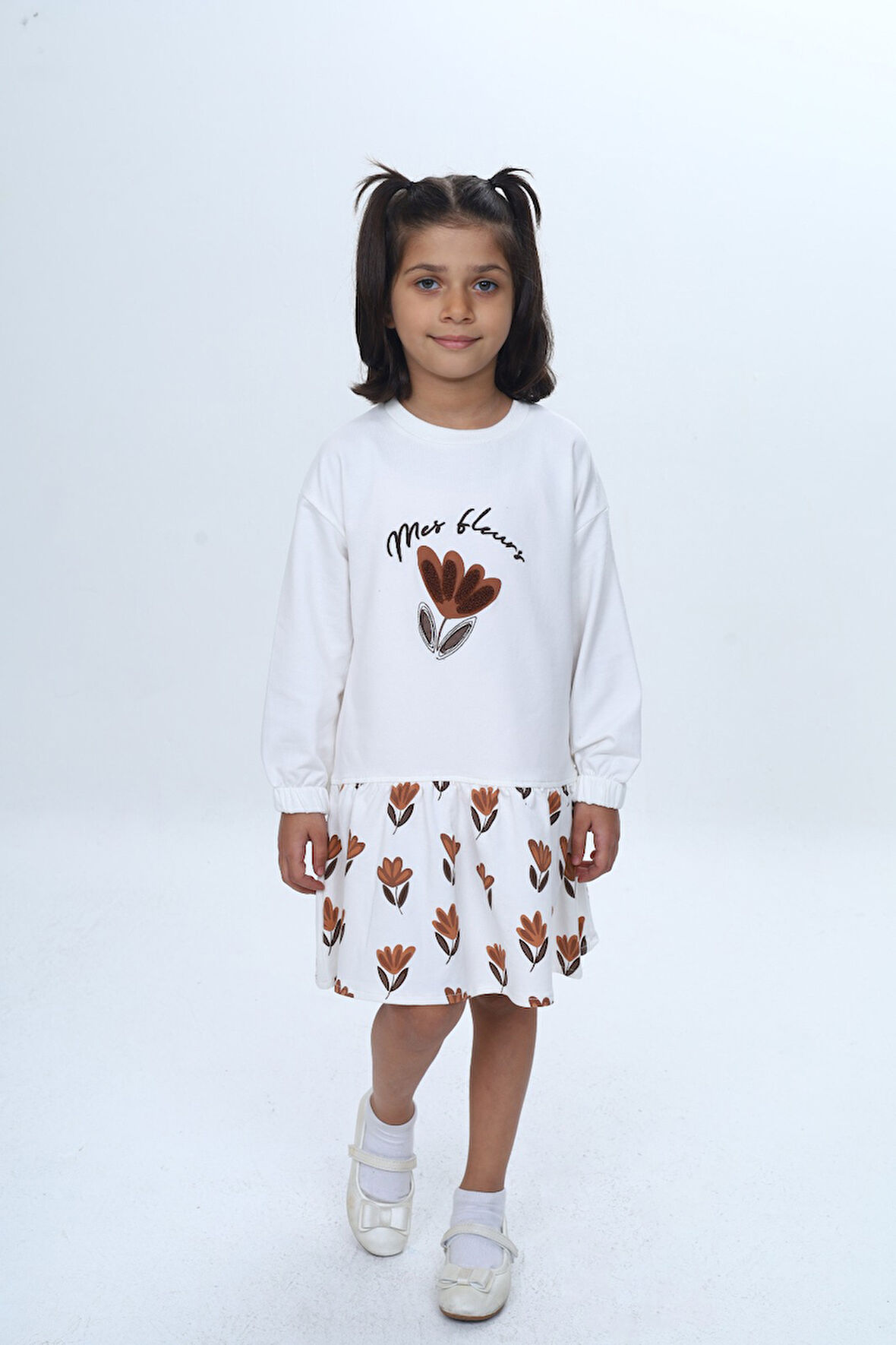 Toontoy Kız Çocuk Süzene Nakışlı Lale Baskılı Elbise