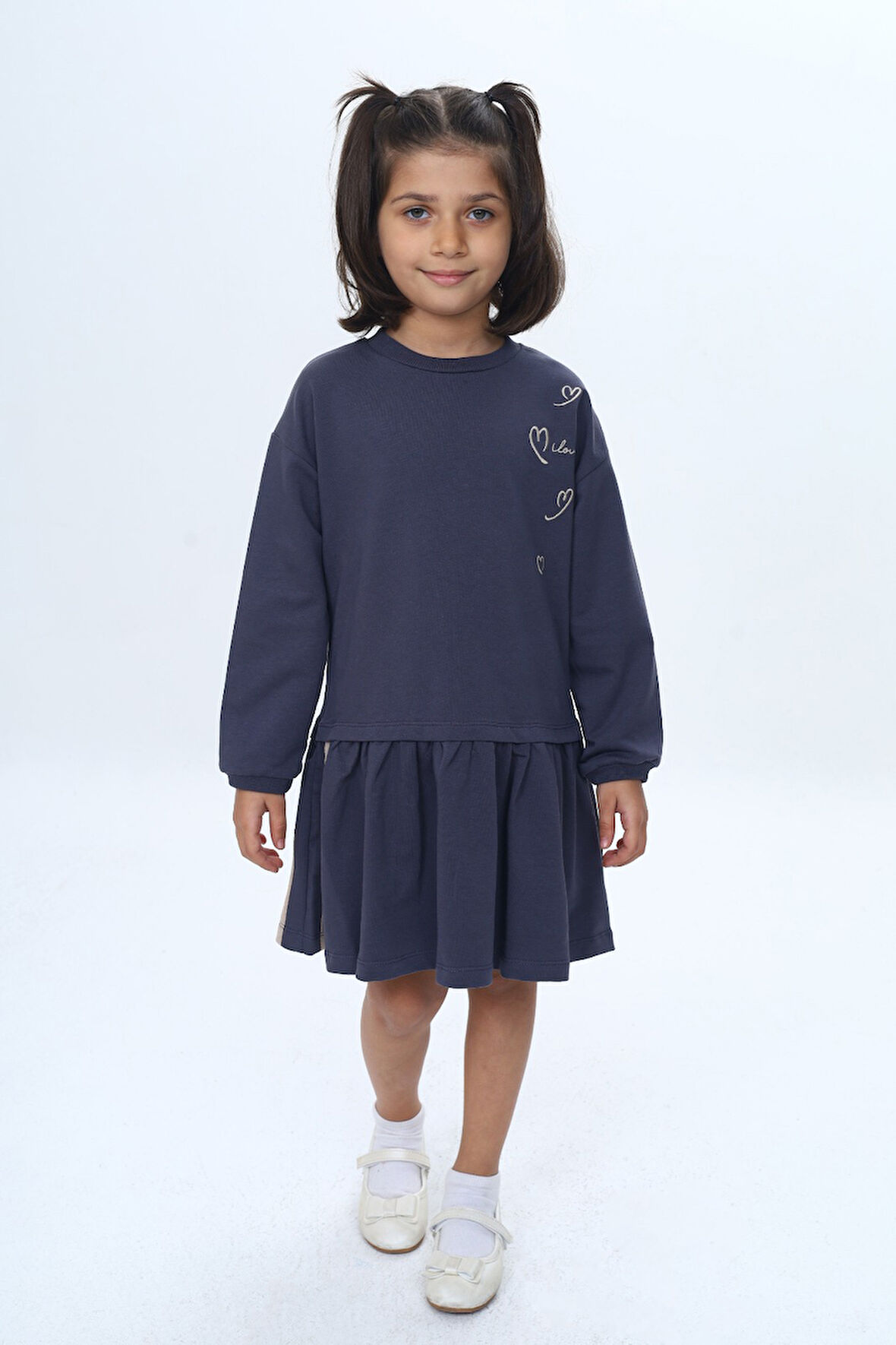 Toontoy Kız Çocuk Şeritli Kalp Nakışlı Elbise