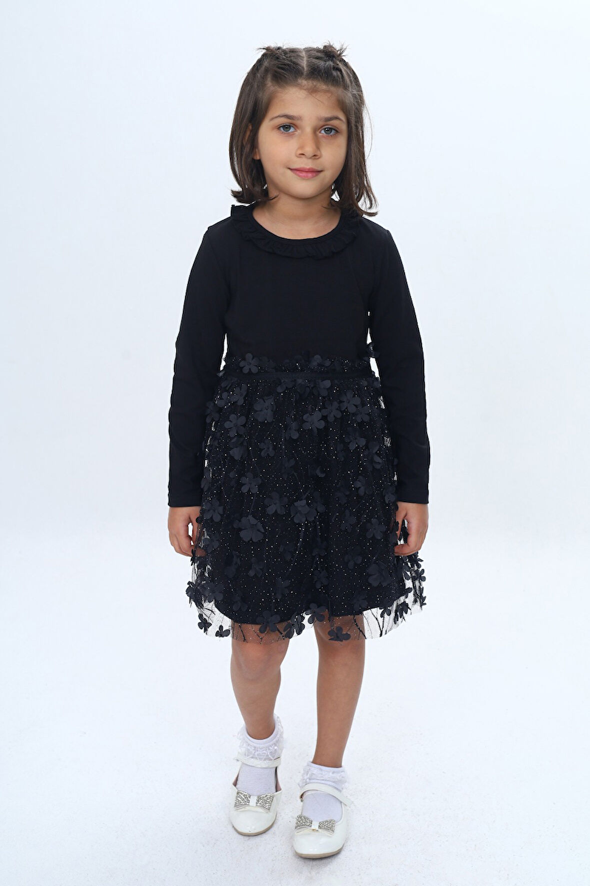 Toontoy Kız Çocuk Yaka Fırfır Etek 34 Çiçekli Tüllü Elbise