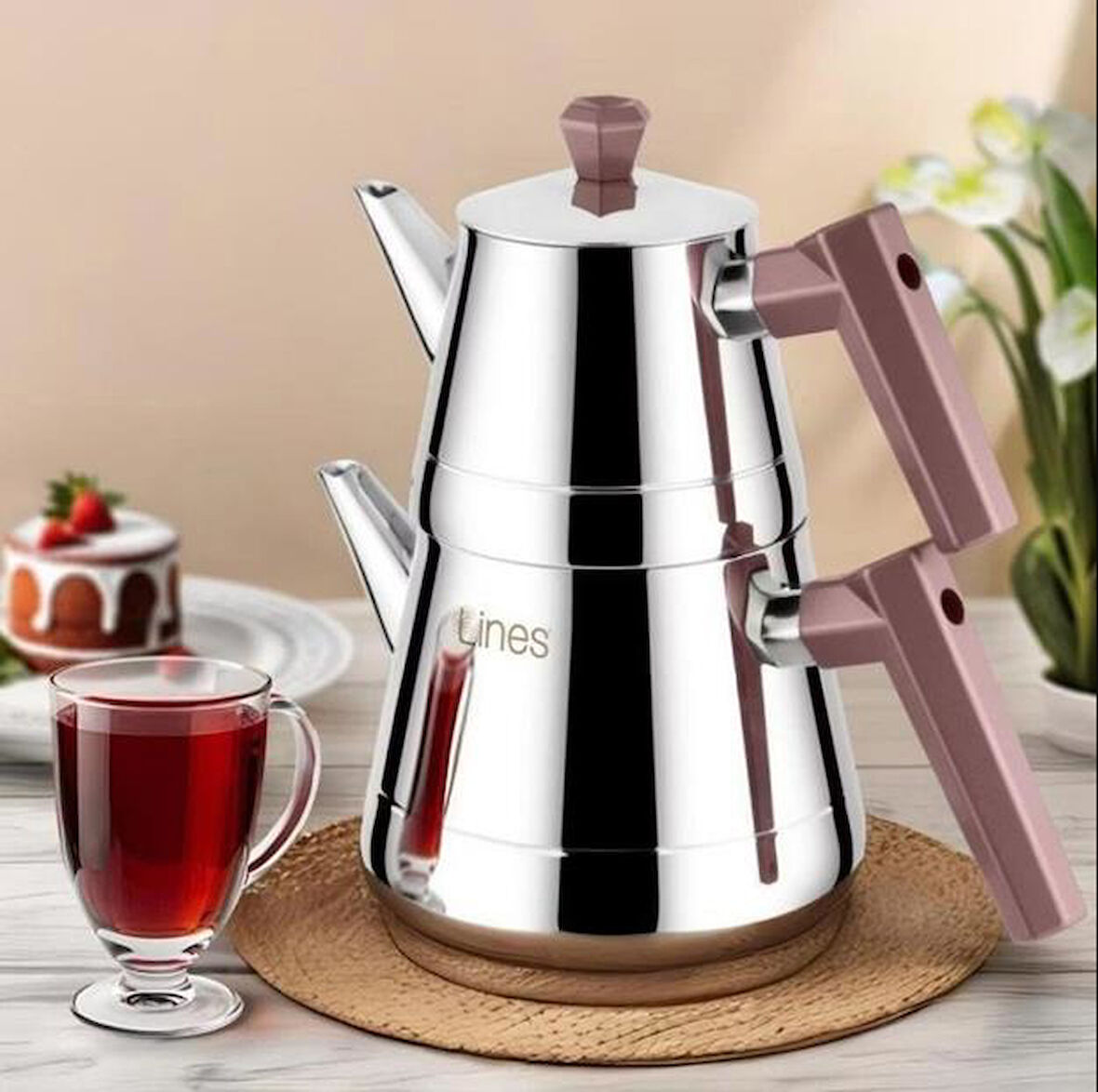 Yonca Lines L-3065 Piramit Aile Boy Çelik Çaydanlık Bakalit Bronz