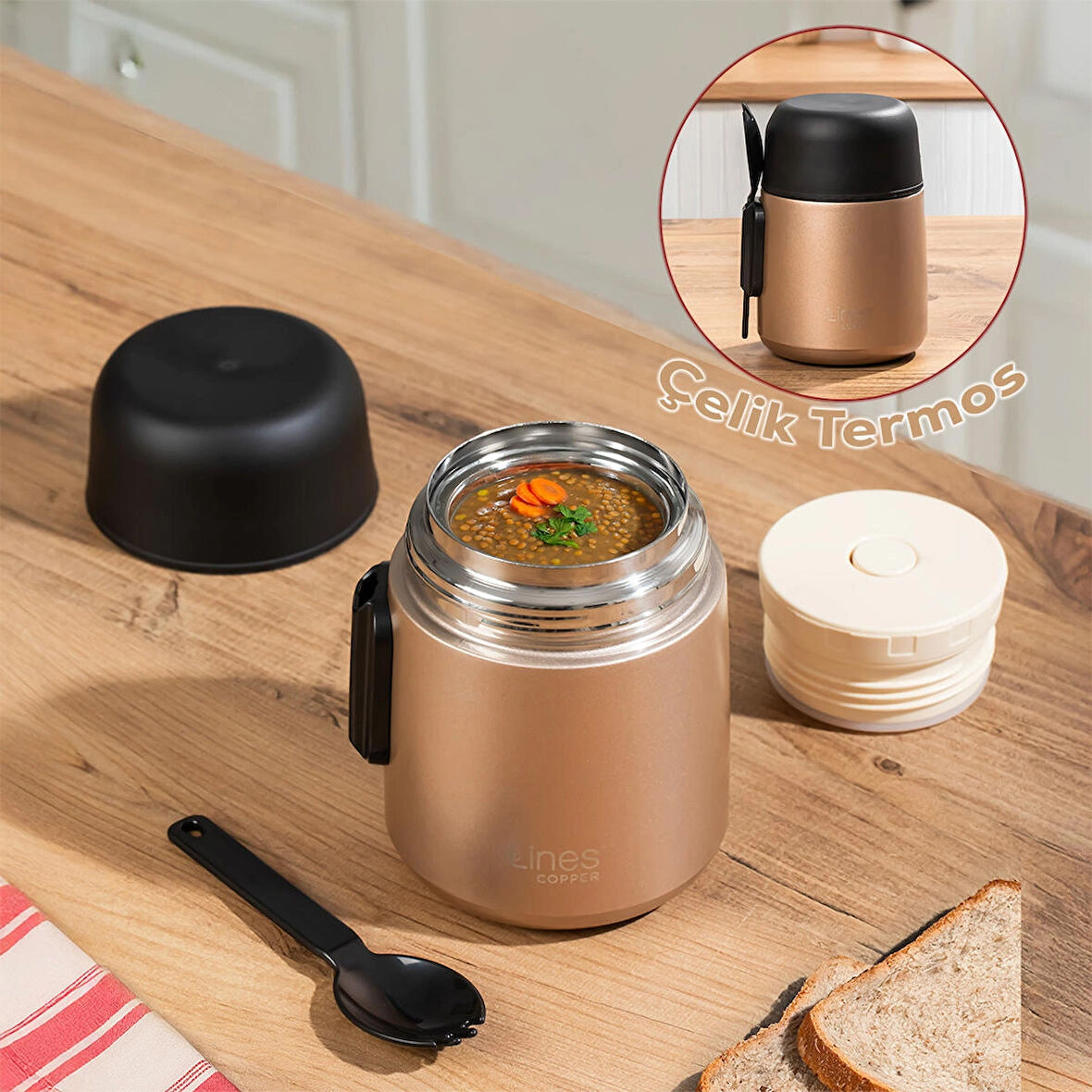 Porsima Paslanmaz Çelik Vakumlu Yemek Termosu Beslenme Kutusu Taşınabilir Lunch Box Sefer Tası Bronz 600ml