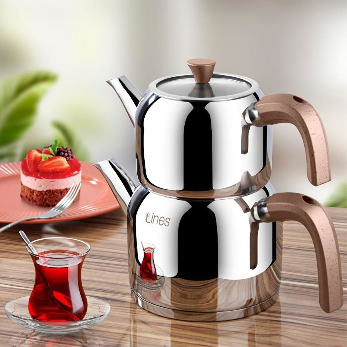 Yonca Lines Silver Orta Boy Çelik Çaydanlık Bronz