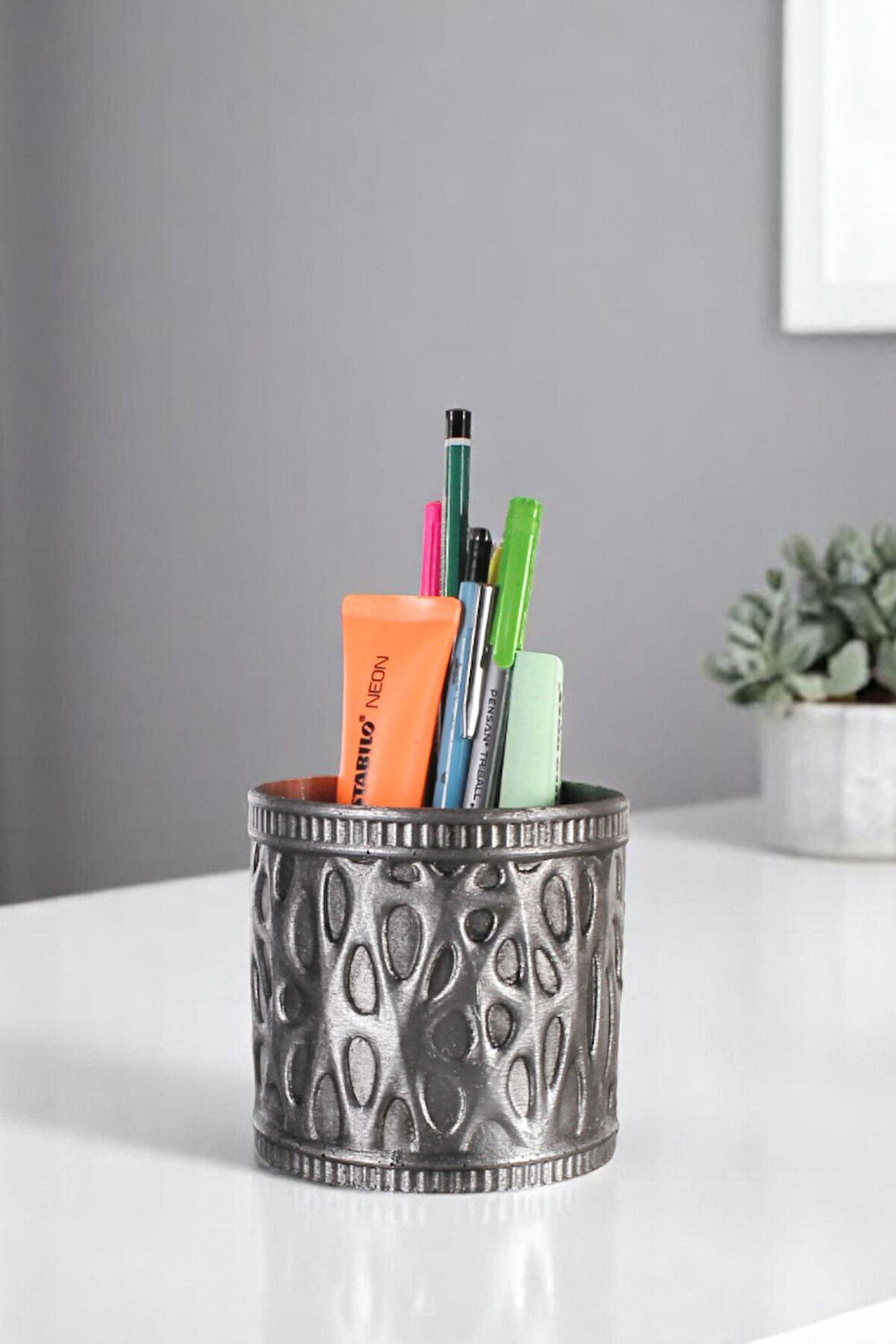 Kalemlik Masa Kalemliği Organizer Kalemlik Gümüş Eskitme Renk Model 76