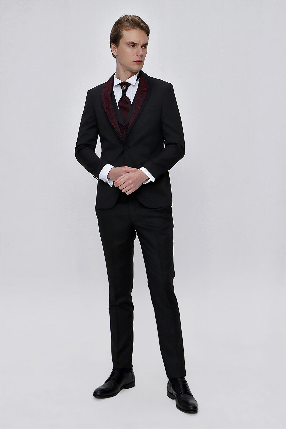  Erkek Siyah Santos Çıkma Yaka Slim Fit  Damatlık