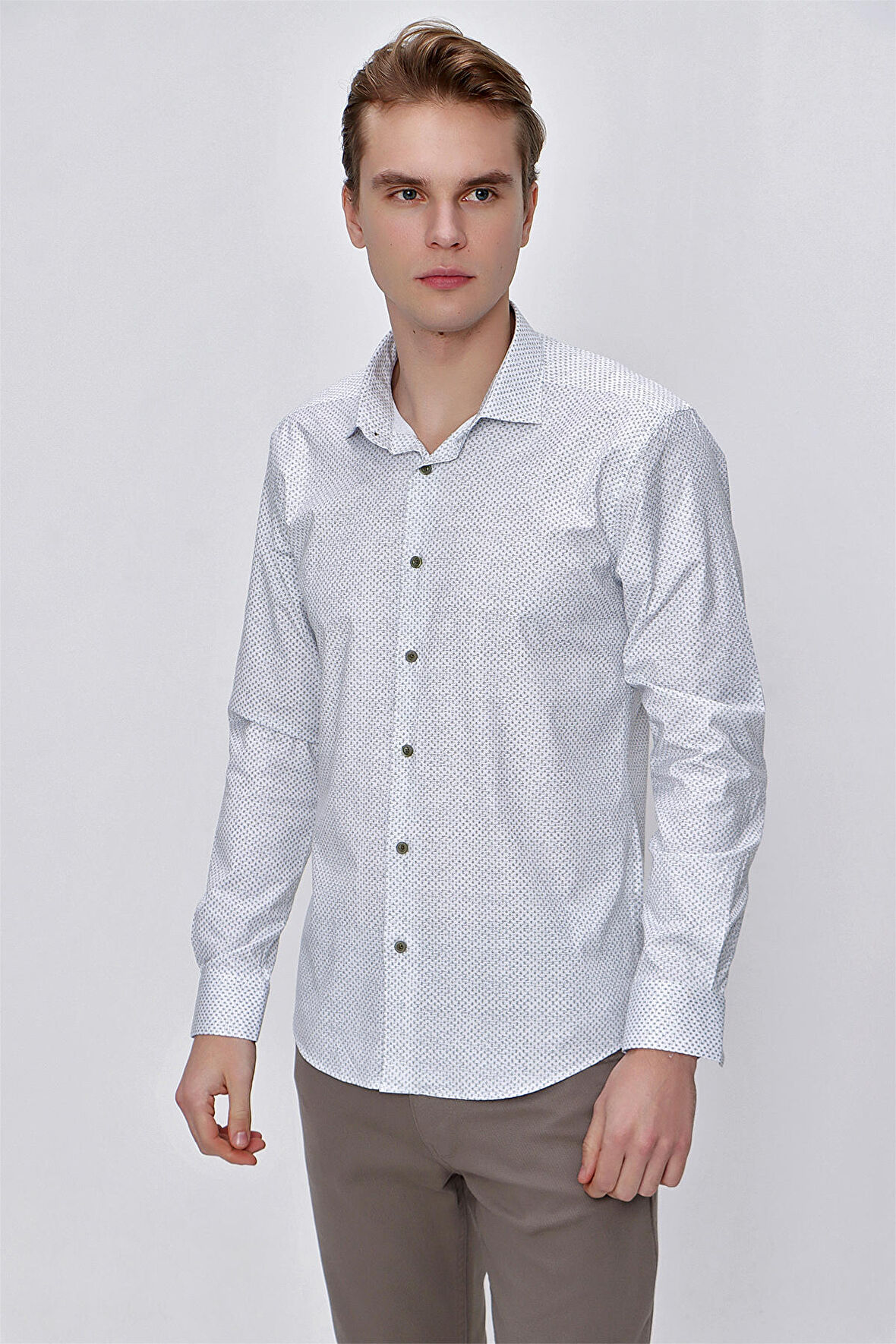  Erkek Yeşil Micro Lycra Baskılı Slim Fit Gömlek