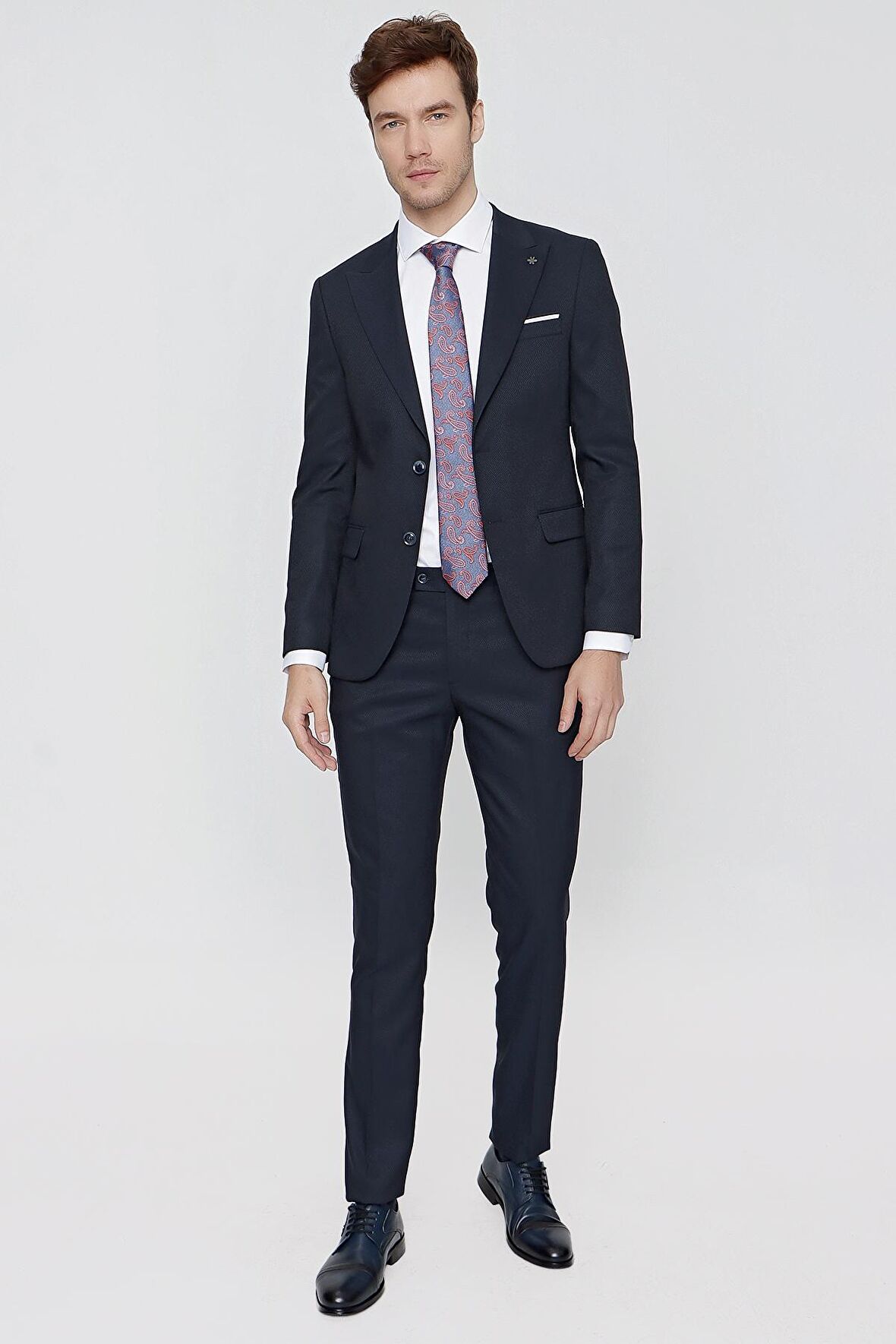  Erkek Lacivert Santos Jakarlı Slim Fit Dar Kesim 6 Drop Takım Elbise