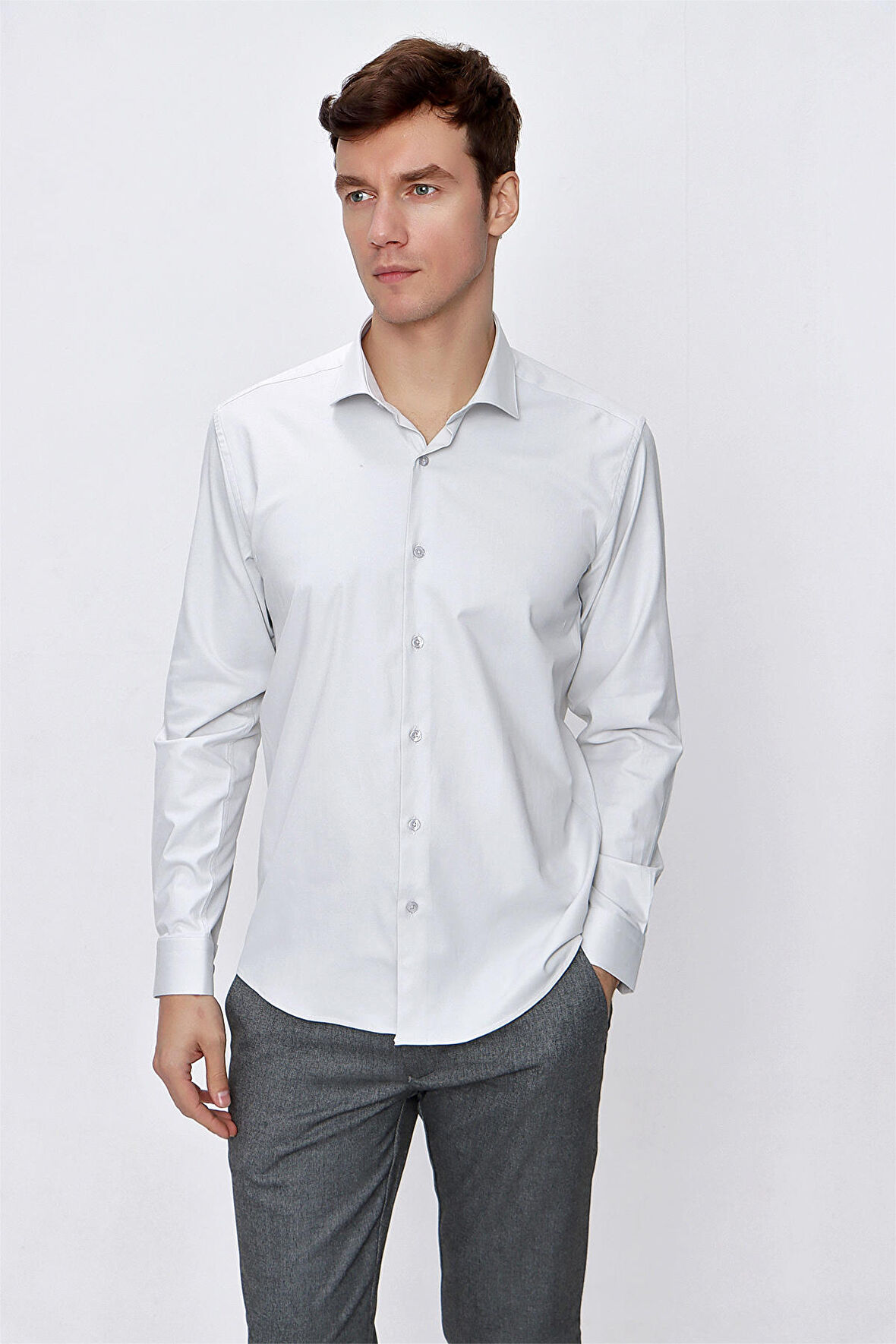  Erkek Kremrengi Saten Lycra Slim Fit Dar Kesim Gömlek