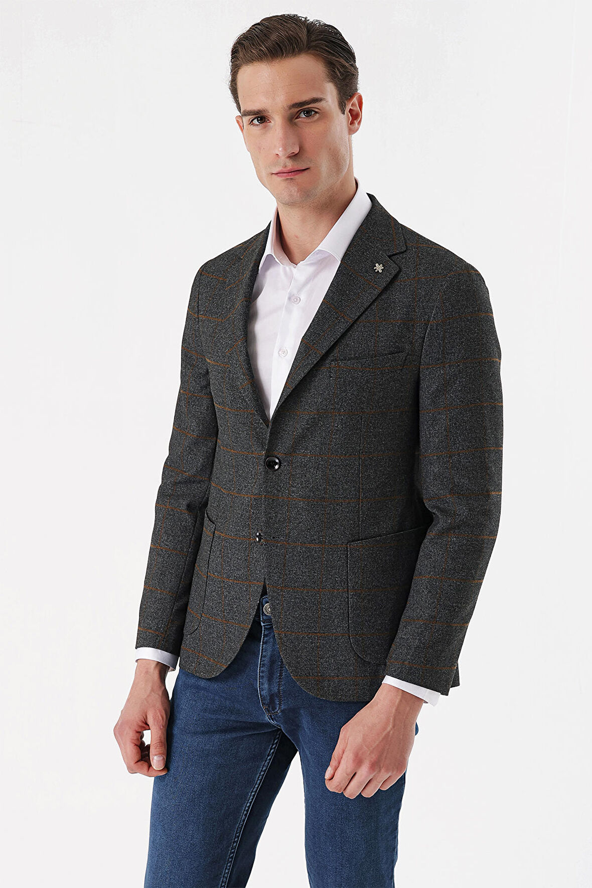  Erkek Füme Ekoseli Dokuma Slim Fit Dar Kesim Torba Cep Ceket