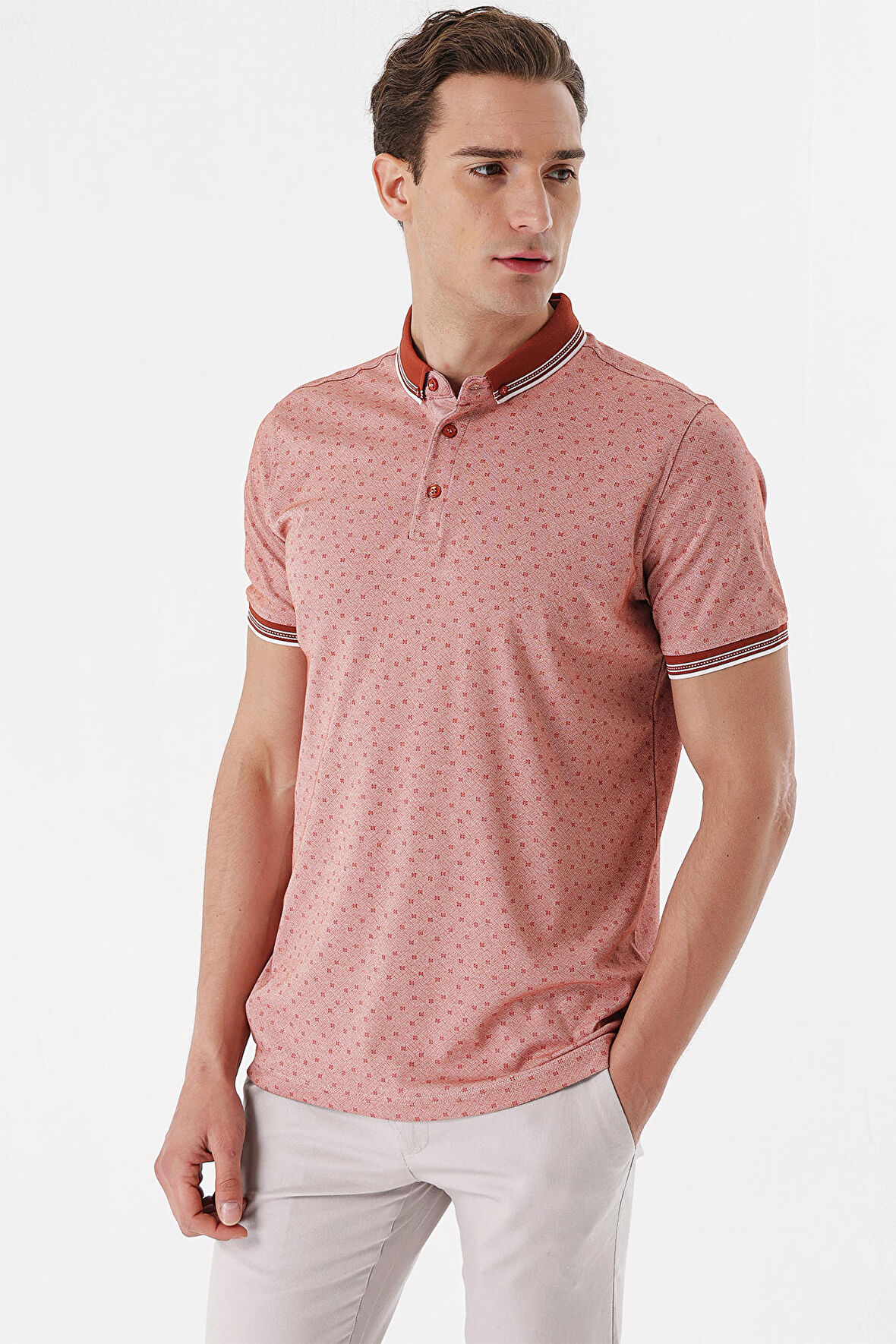  Erkek Kırmızı Merserize Düğmeli Yaka Baskılı Desen Dynamic Fit T-Shirt