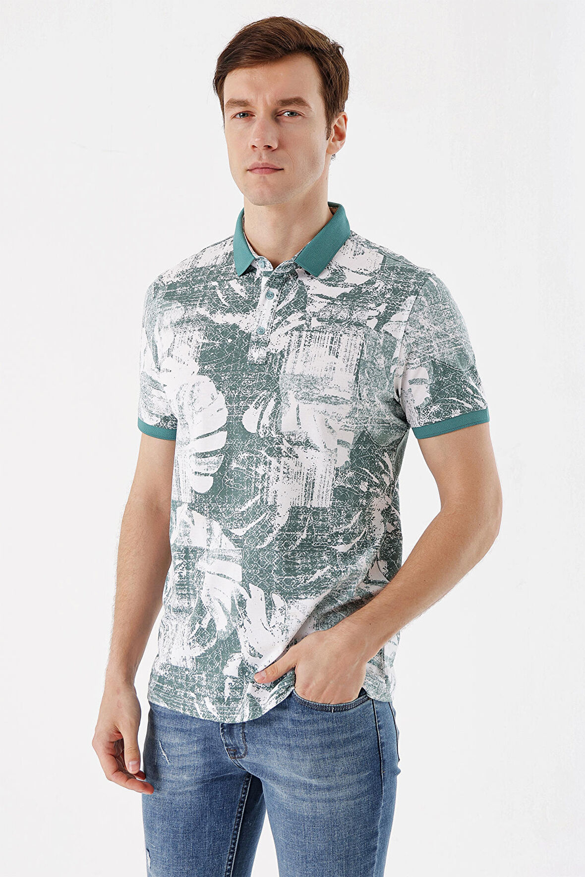  Erkek Su Yeşili Compact Rotasyon Polo Yaka Baskılı Desen Dynamic Fit T-Shirt