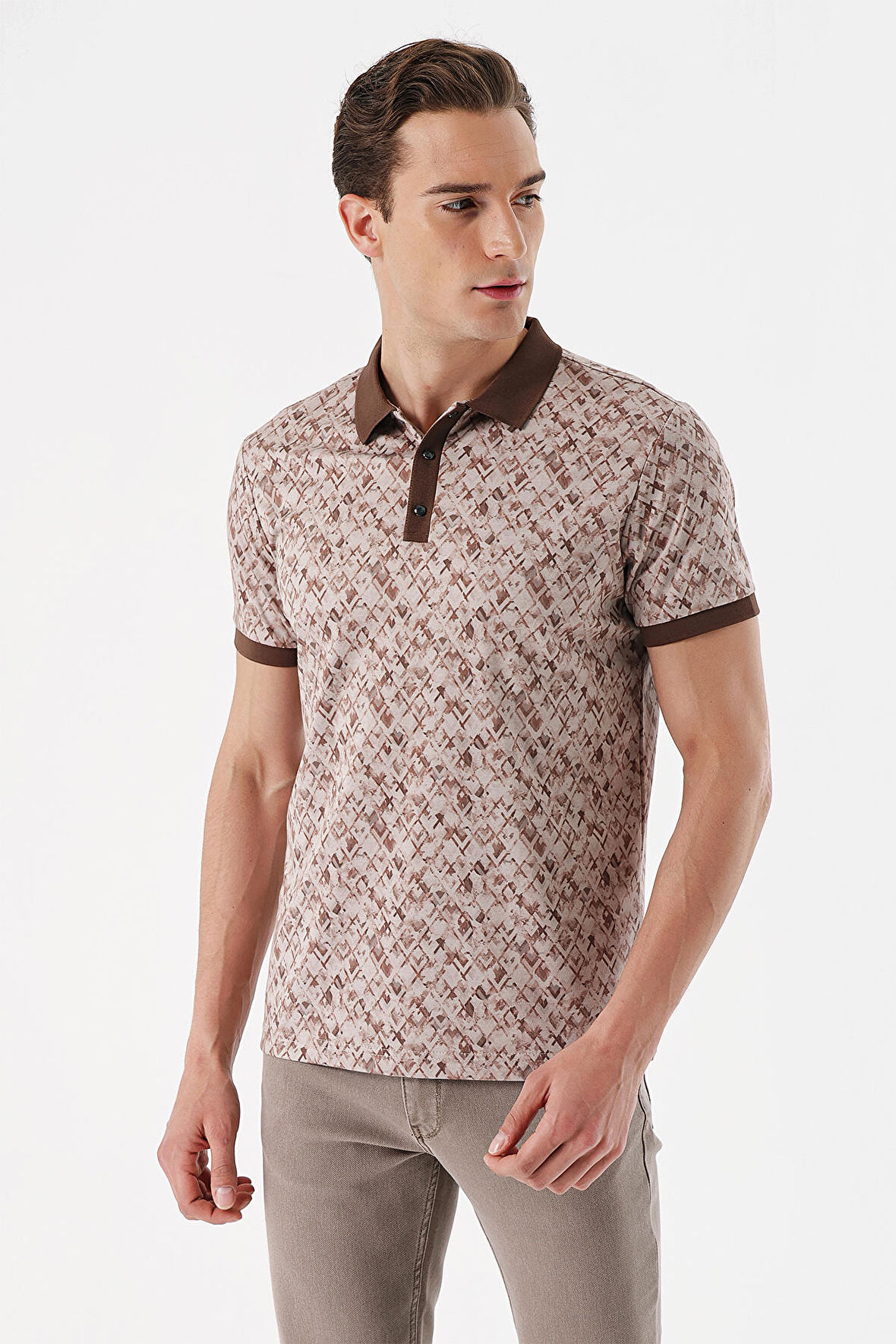  Erkek KAHVE İnterlok Desenli Polo Yaka  Dynamic Fit T-Shirt 50/1