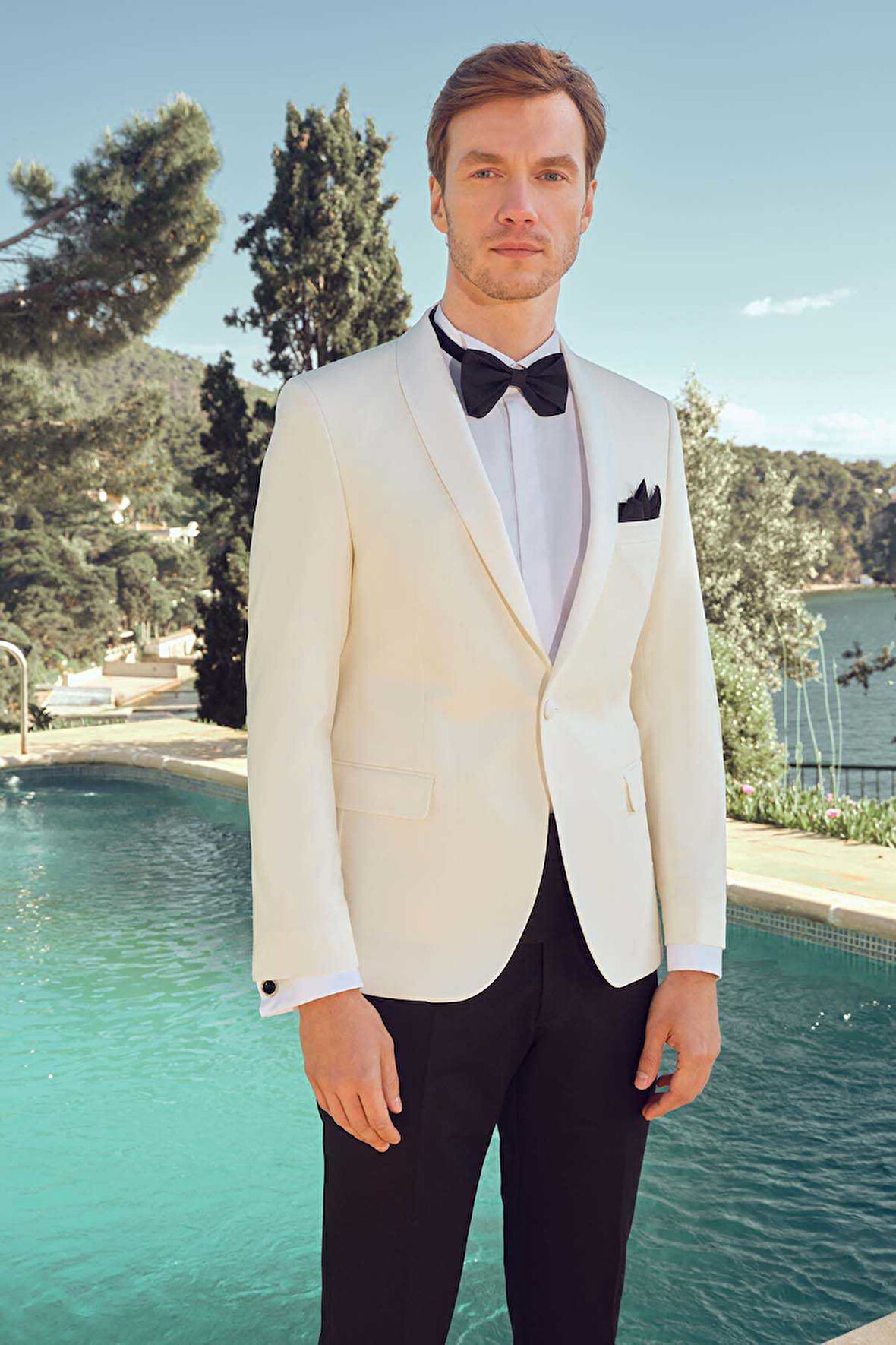  Erkek Beyaz Cello Slim Fit Şal Yaka Damatlık