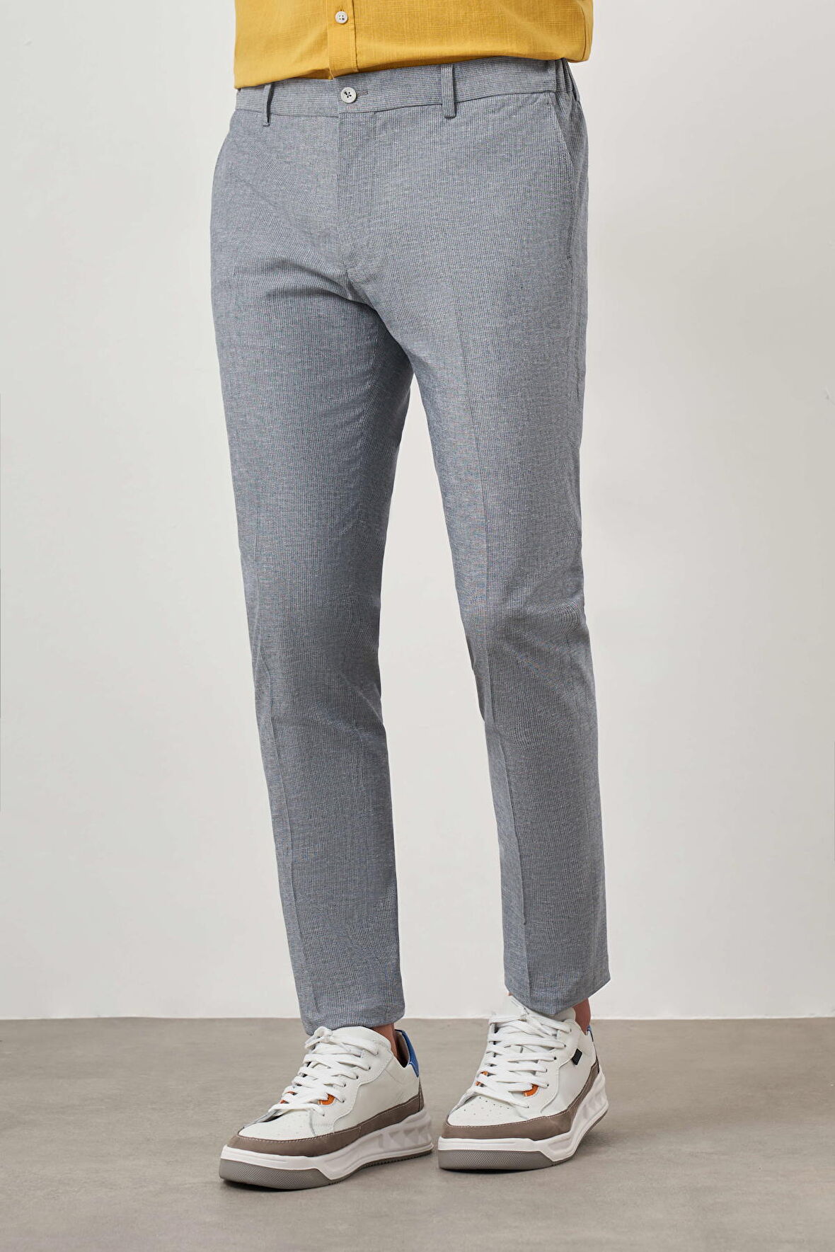  Erkek Lacivert Keten Desenli Yandan Lastikli Slim Fit Pantolon