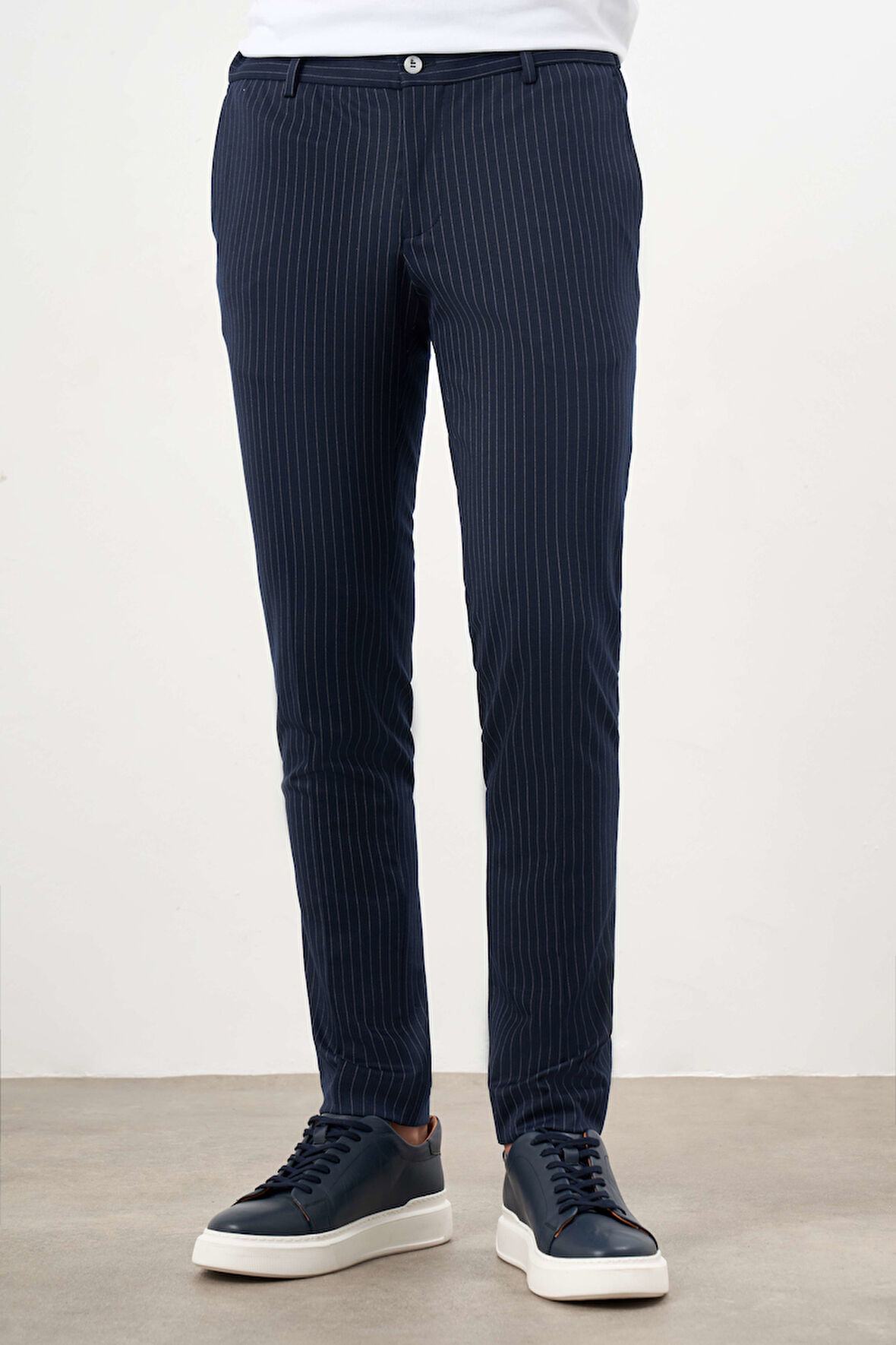  Erkek Lacivert Poliviskon Çizgili Desen Yandan Lastikli Slim Fit  Pantolon