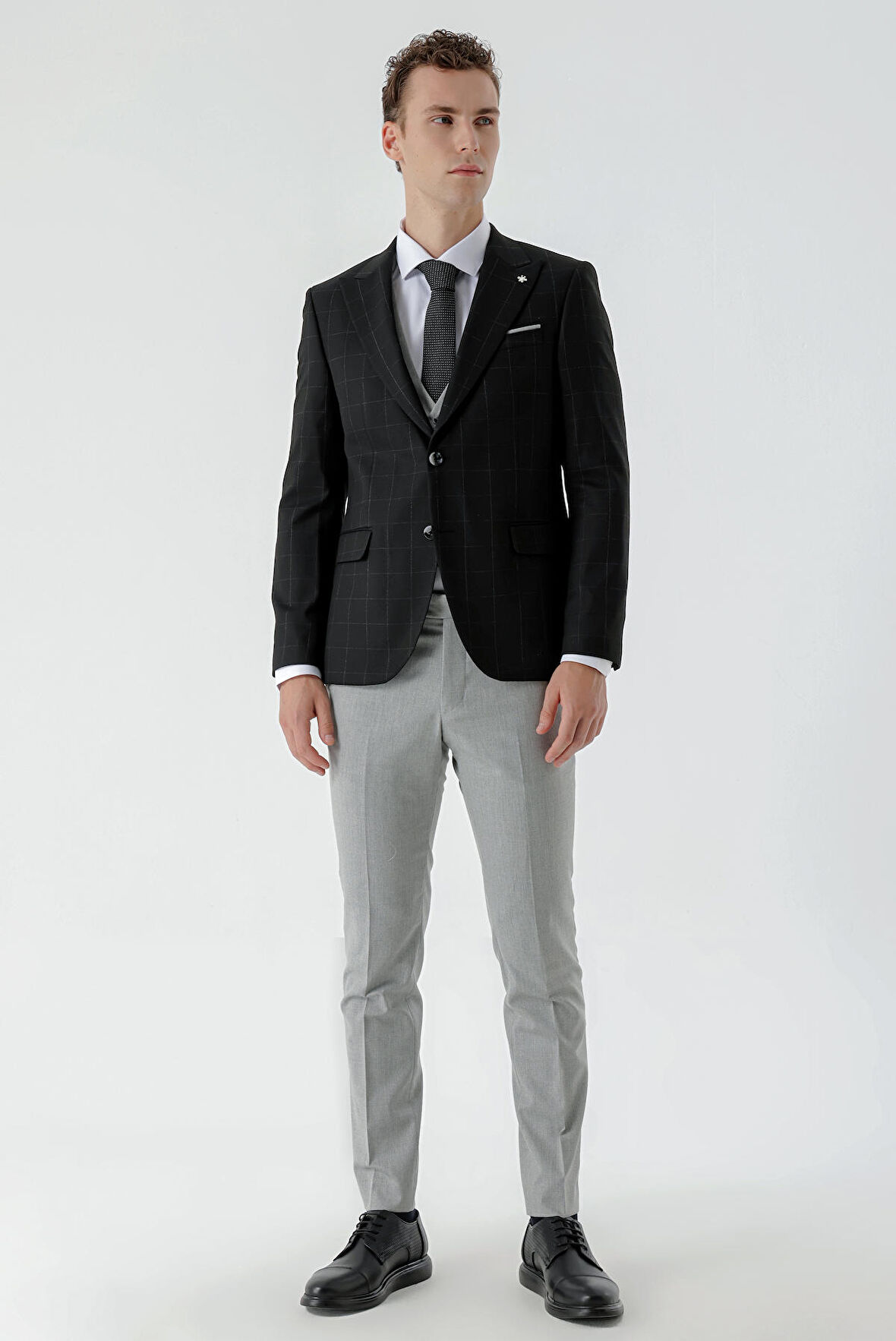  Erkek Siyah Kareli Kombinli Slim Fit Takım Elbise