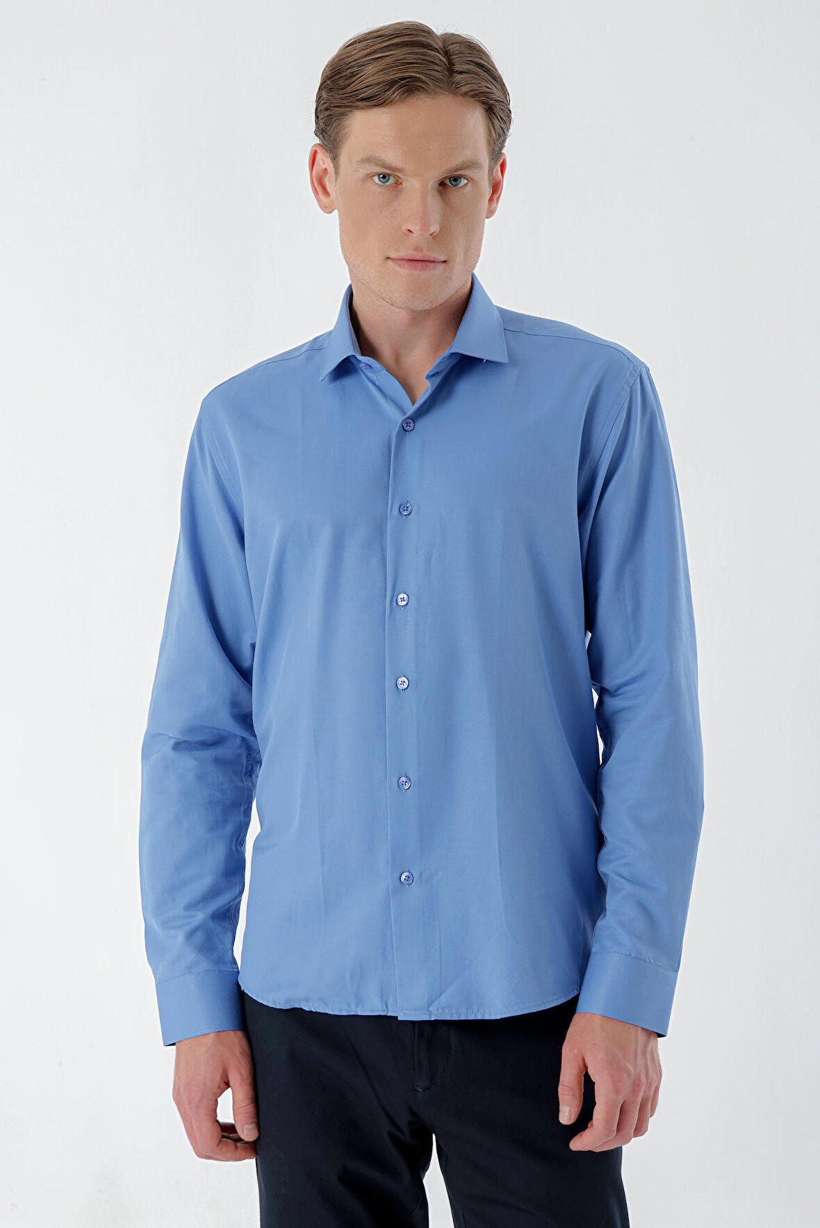  Erkek Mavi Şamre Trend Slim Fit Gömlek