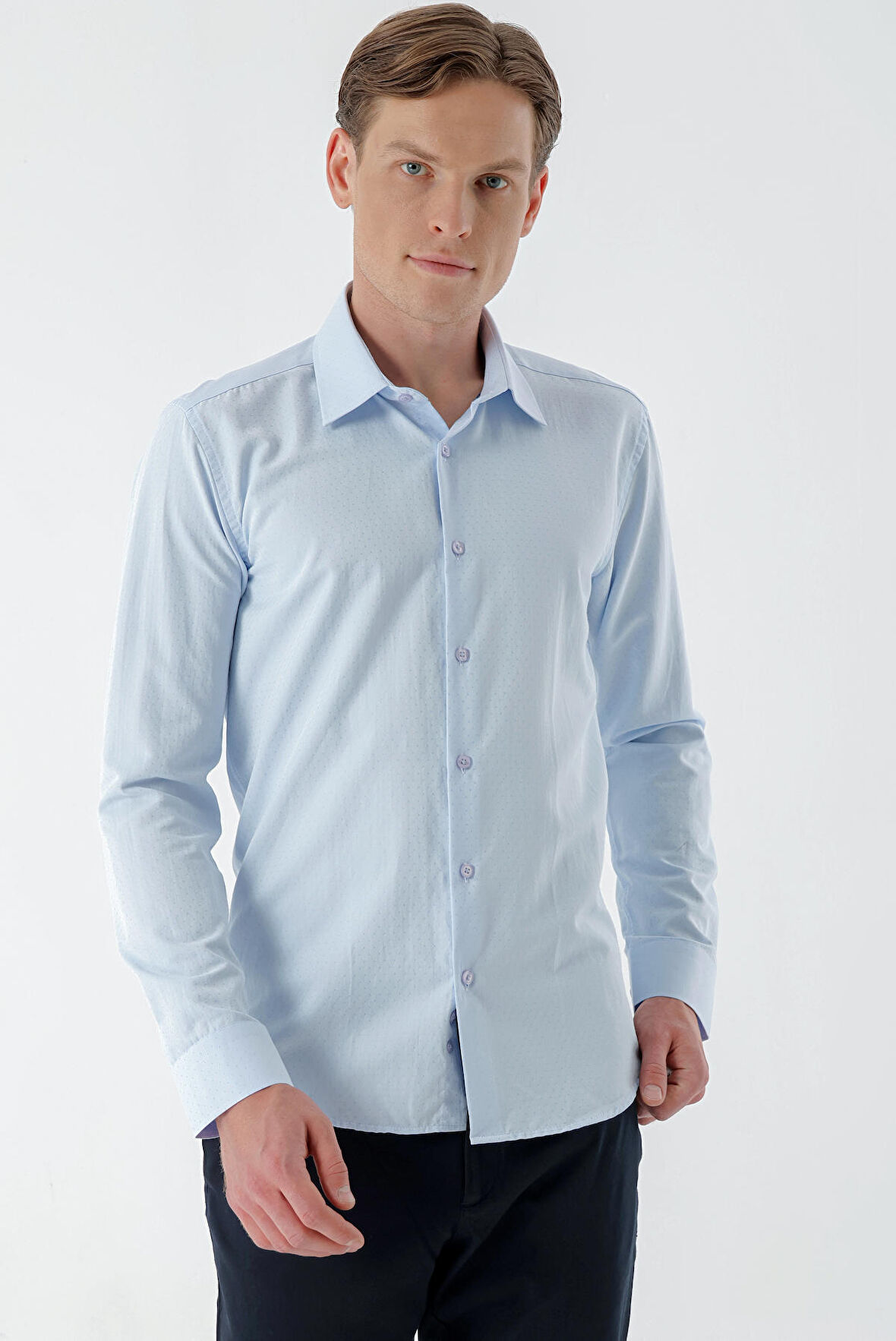  Erkek A. MAVİ Dobby Armür İhracat Slim Fit Gömlek
