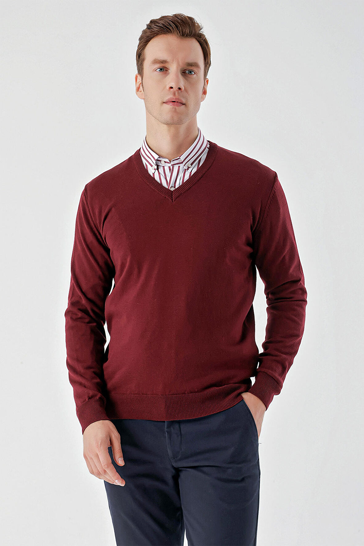  Erkek Koyu Bordo Basic V Yaka Dynamic Fit Rahat Kesim Triko
