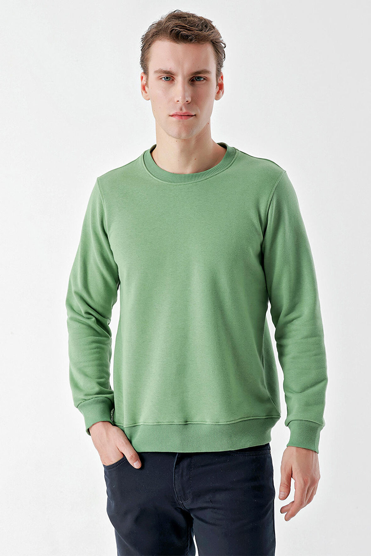  Erkek Haki Basic Bisiklet Yaka Sweat-Shirt