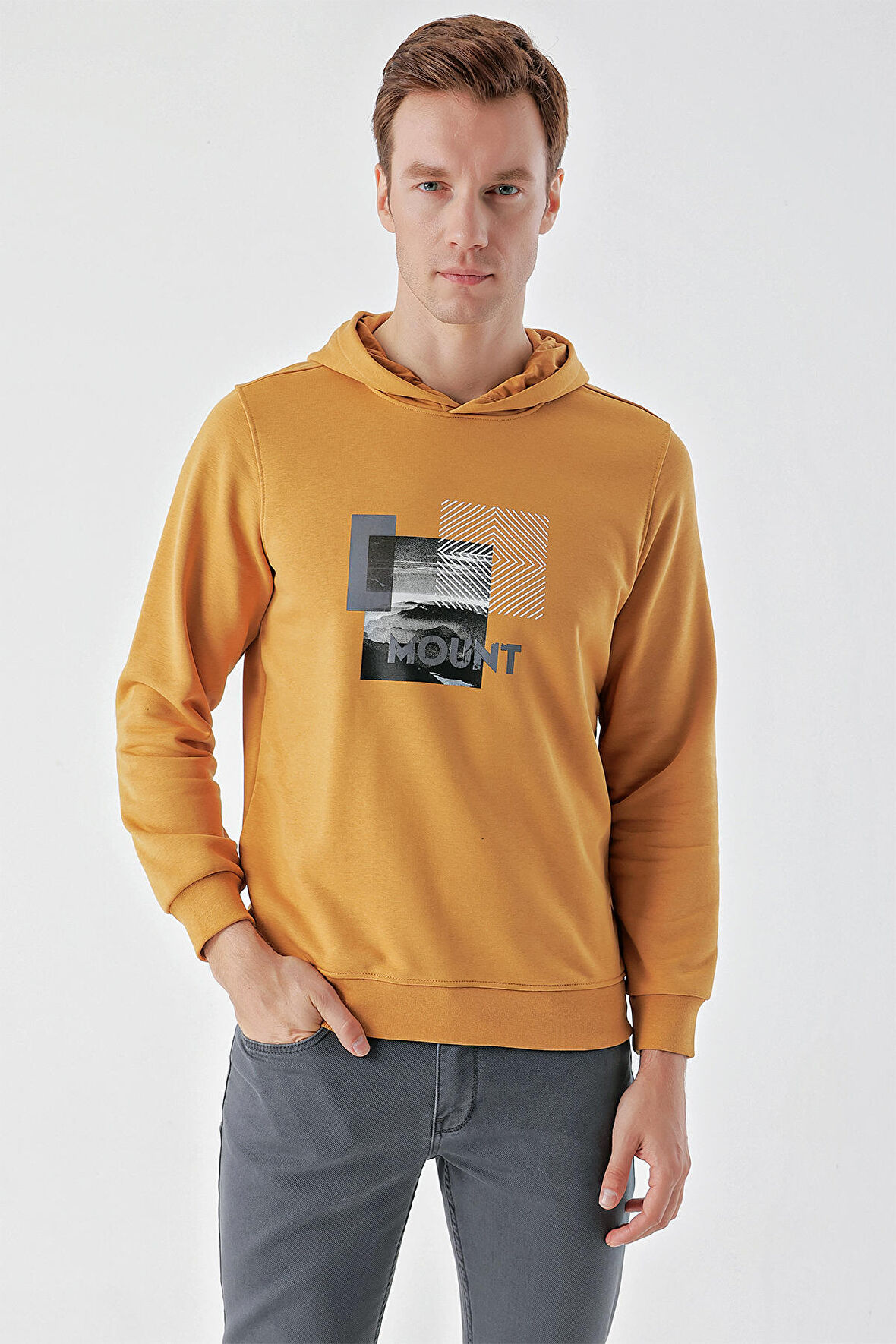  Erkek Hardal Sarısı Trend Kapüşonlu Sweat-Shirt