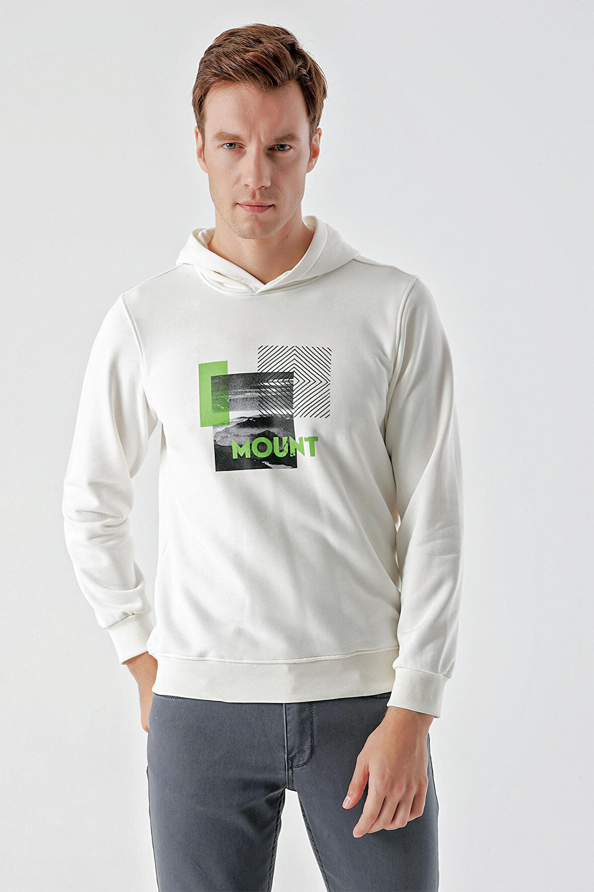  Erkek Beyaz Trend Kapüşonlu Sweat-Shirt