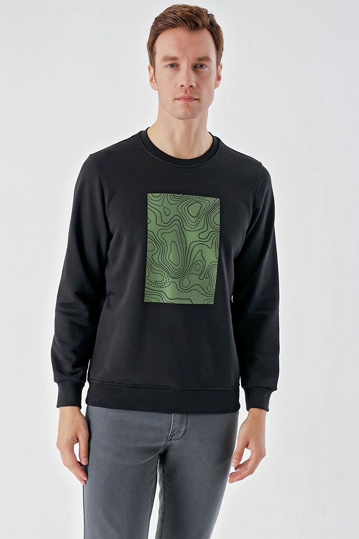  Erkek Siyah Trend Bisiklet Yaka Sweat-Shirt