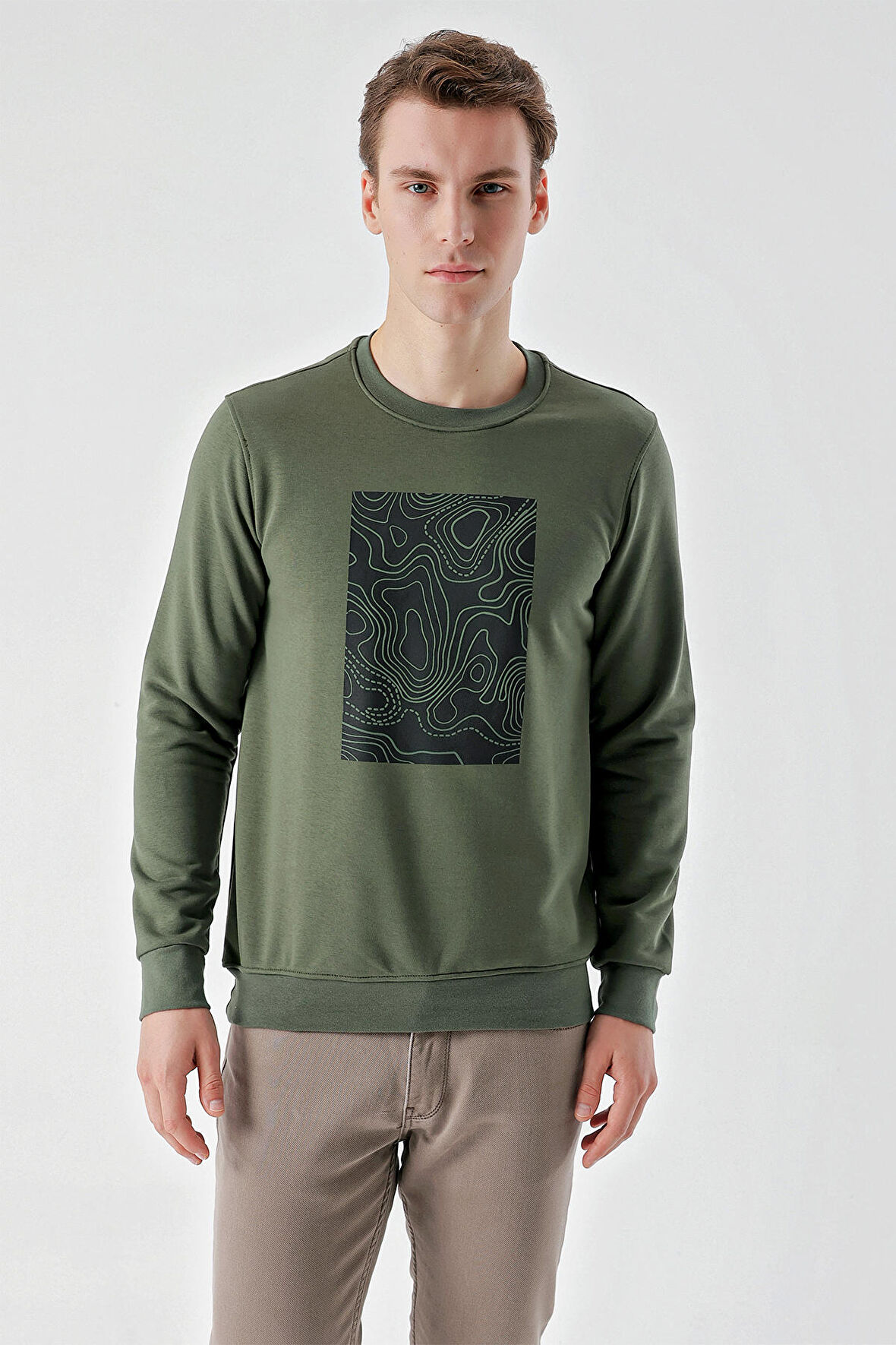  Erkek Haki Trend Bisiklet Yaka Sweat-Shirt