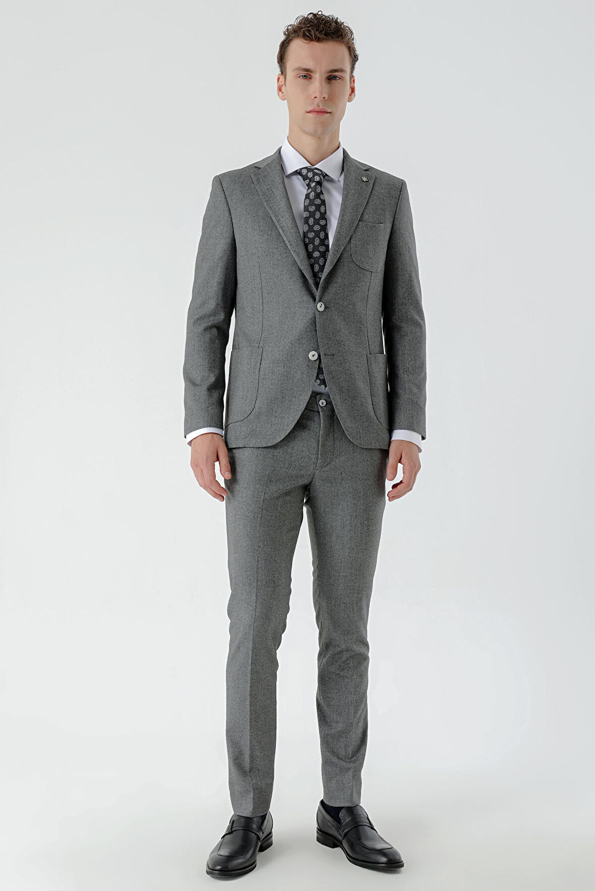  Erkek Gri Poliviskon Trend Desenli Slim Fit Mono Yaka Takım Elbise