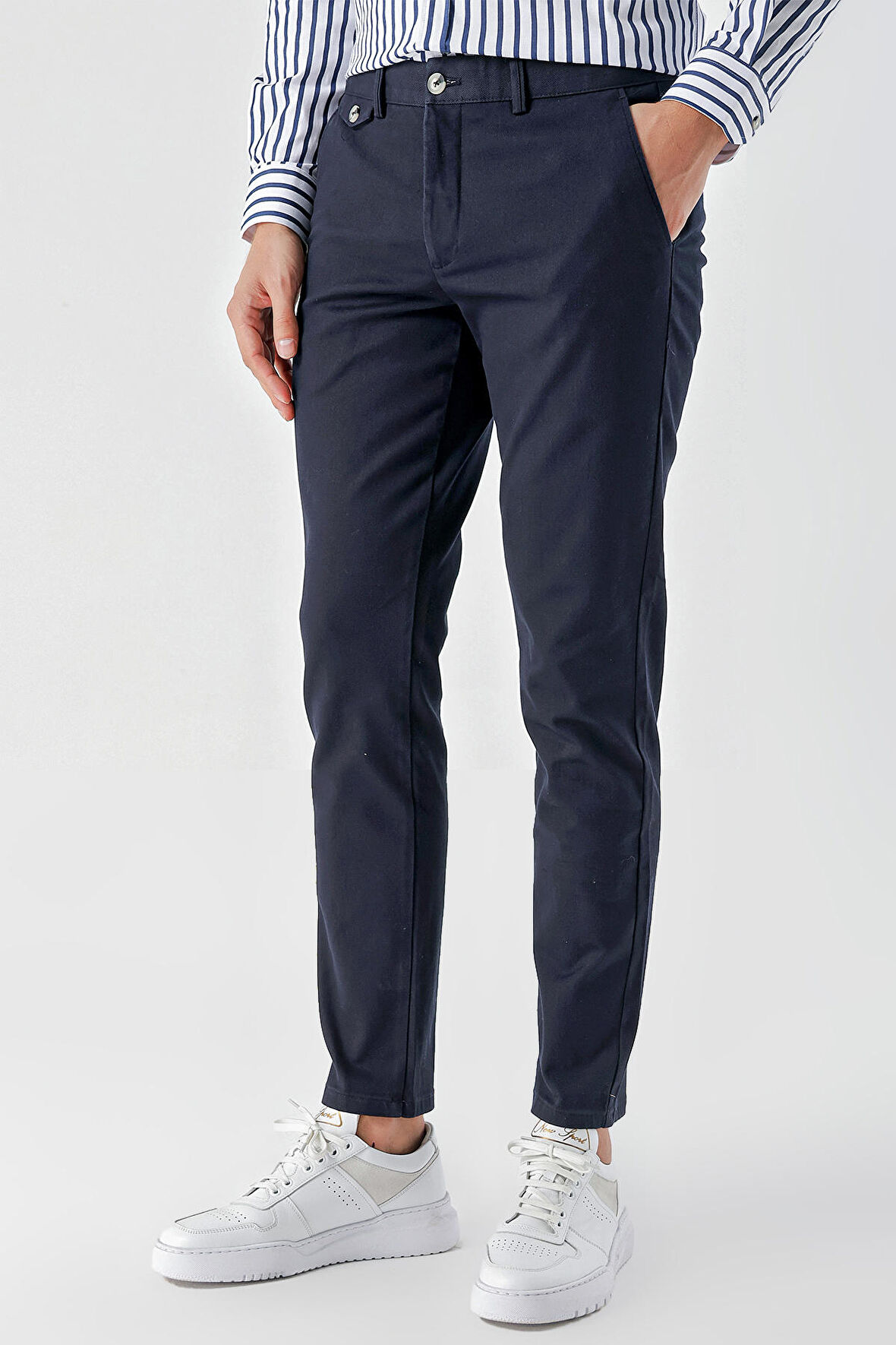  Erkek Lacivert Pamuk Yan Cep Slim Fit Chino Pantolon