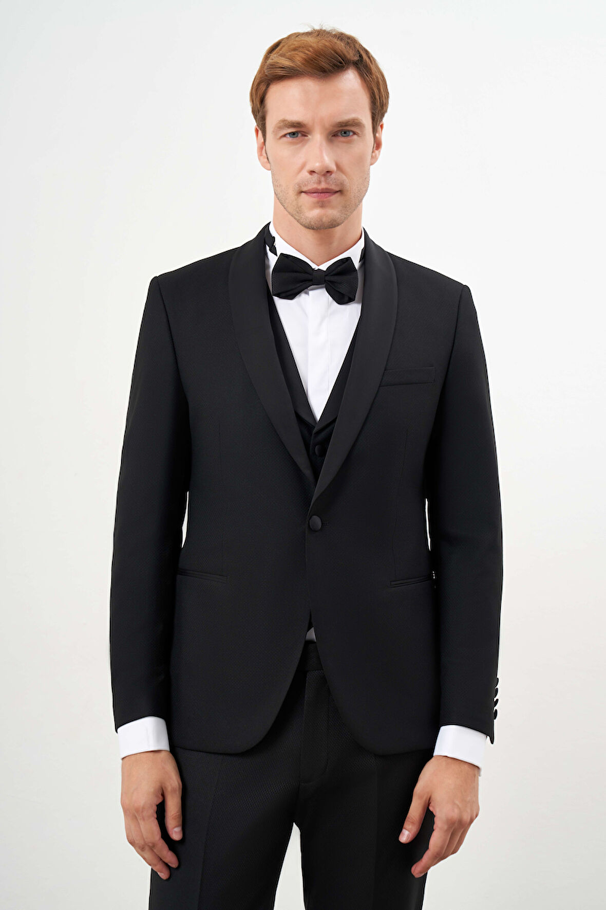  Erkek Siyah Poliviskon Ceromonia Santorini Slim Fit Şal Yaka Damatlık