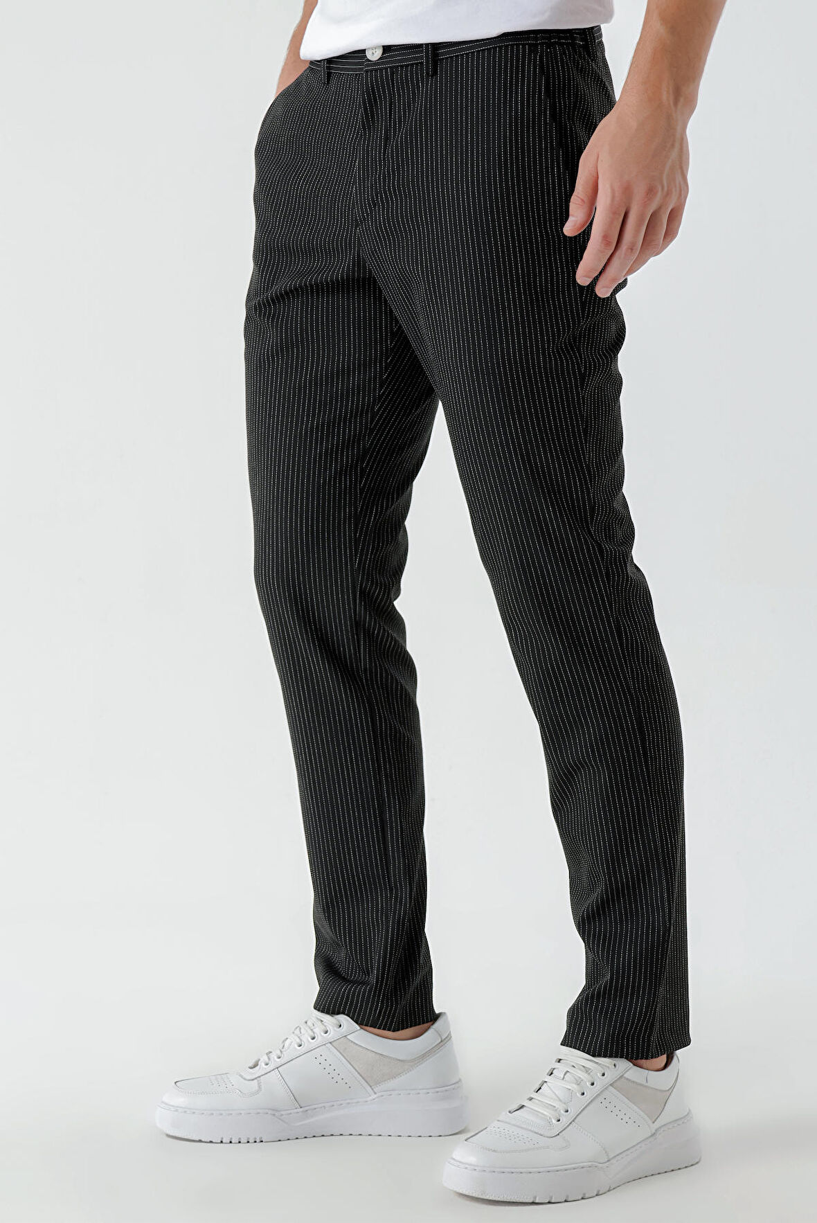  Erkek Siyah Poliviskon Trend Çizgili Slim Fit Classic Pantolon