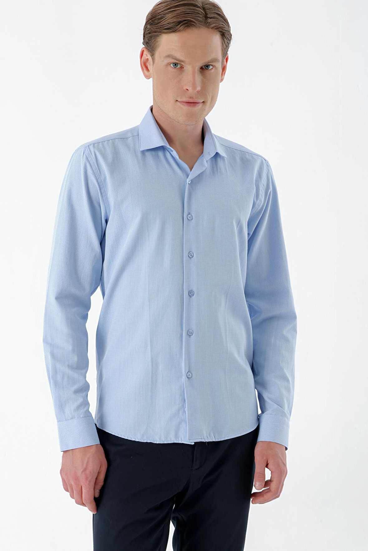  Erkek Mavi Trend Baskılı Desenli İtalyan Yaka Slim Fit Gömlek