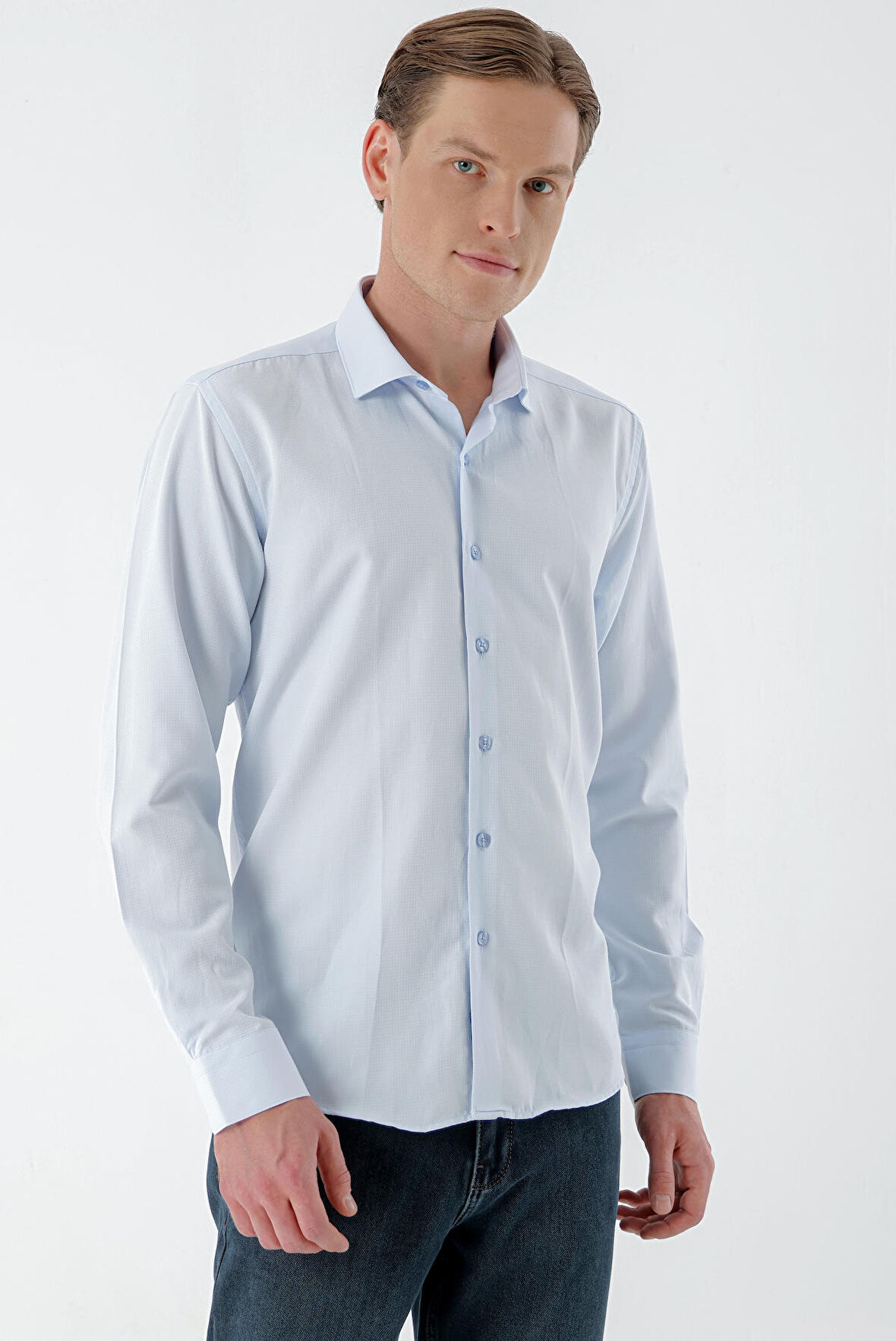  Erkek A. MAVİ Trend Baskılı Desenli İtalyan Yaka Slim Fit Gömlek