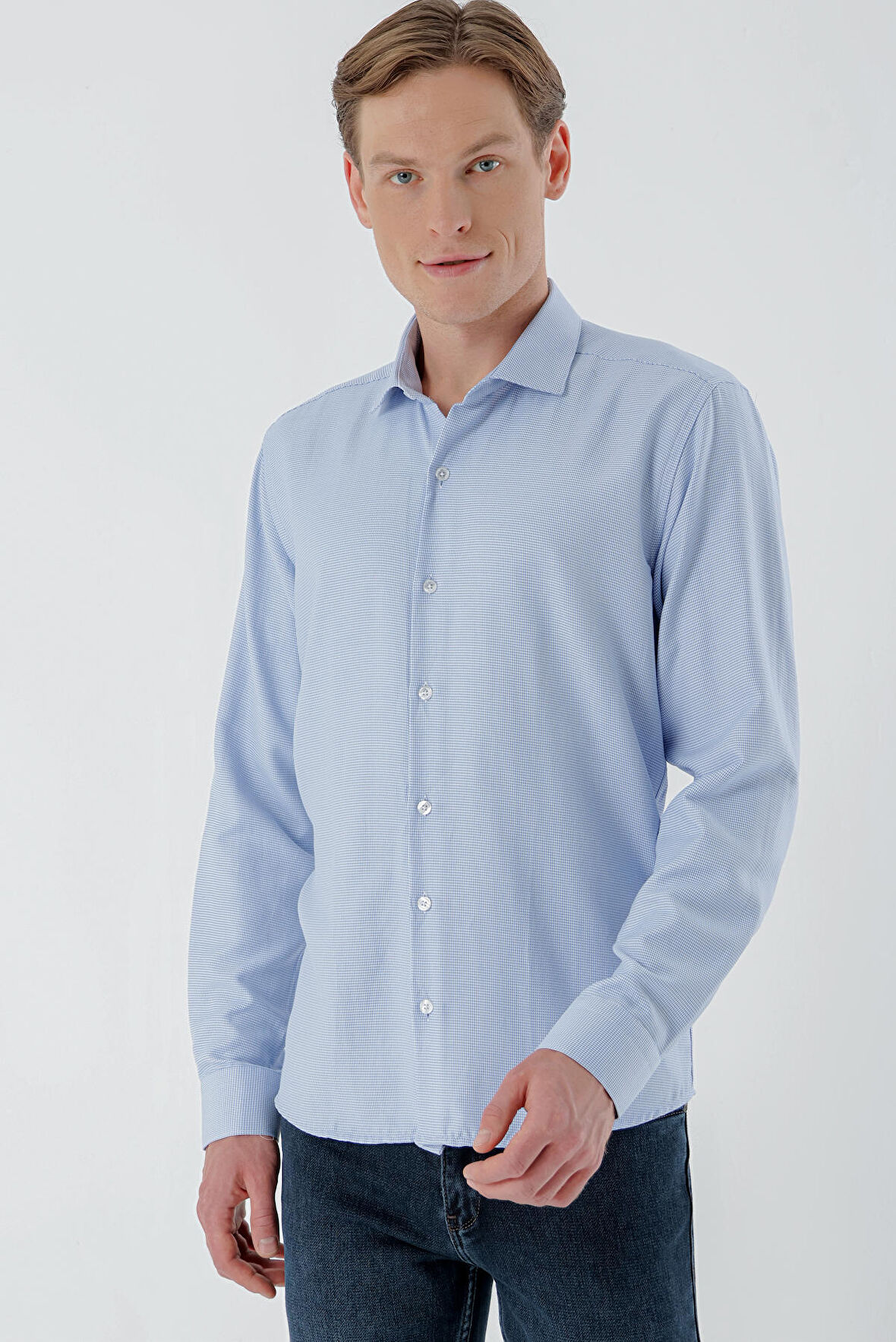  Erkek Mavi Trend Baskılı Desenli İtalyan Yaka Slim Fit Gömlek