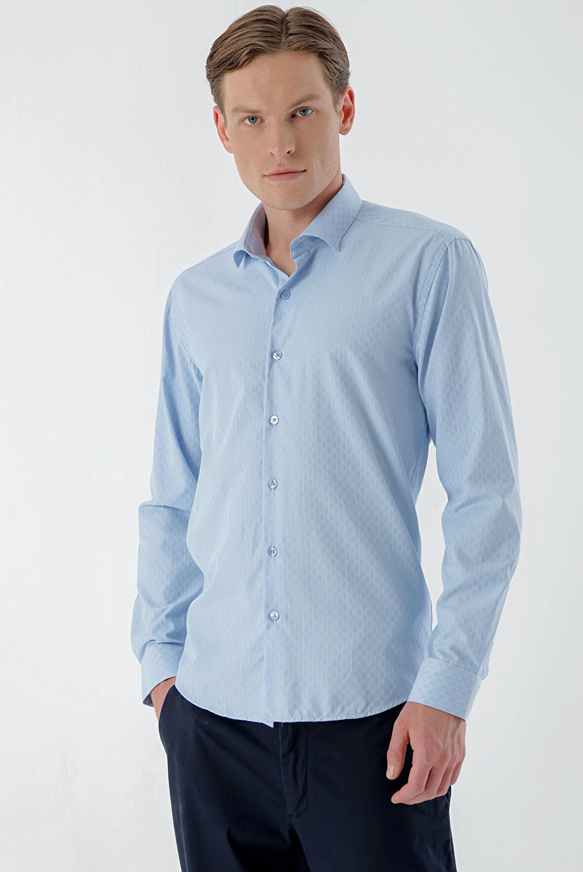  Erkek A. MAVİ Trend Çizgili Panolu İtalyan Yaka Slim Fit Gömlek